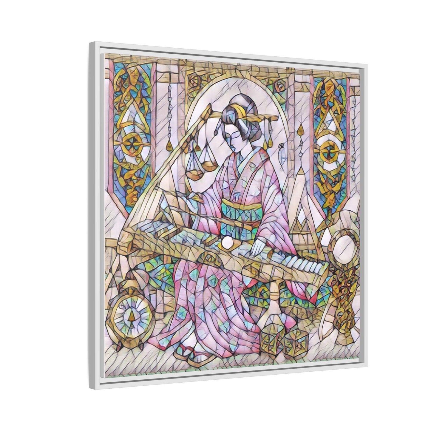 Framed Matte Canvas — Geisha Harp Stained-Glass Art Print