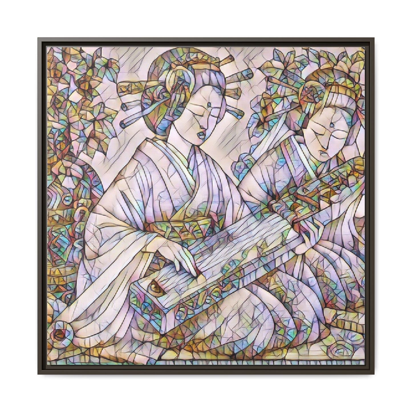Framed Matte Canvas Print — Stained-Glass Geisha Duo