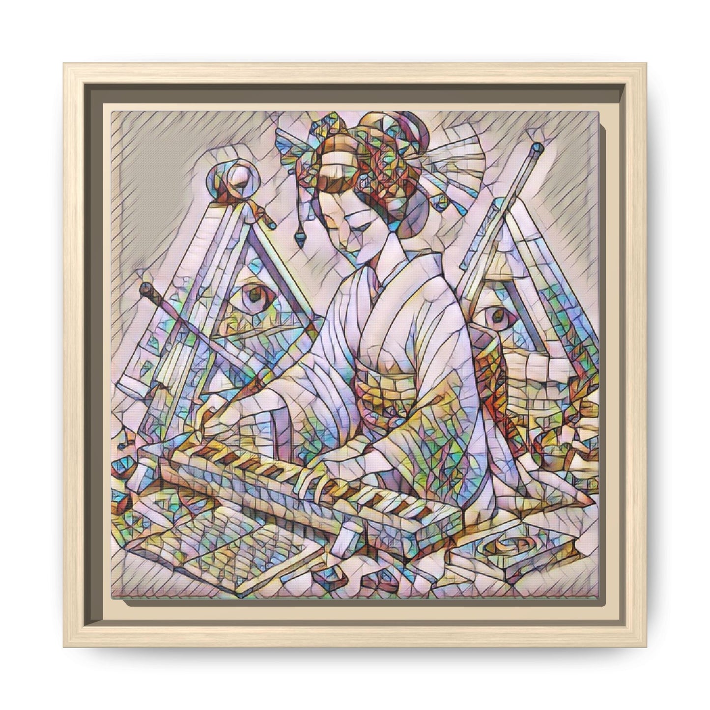 Framed Matte Canvas: Stained-Glass Geisha Wall Art