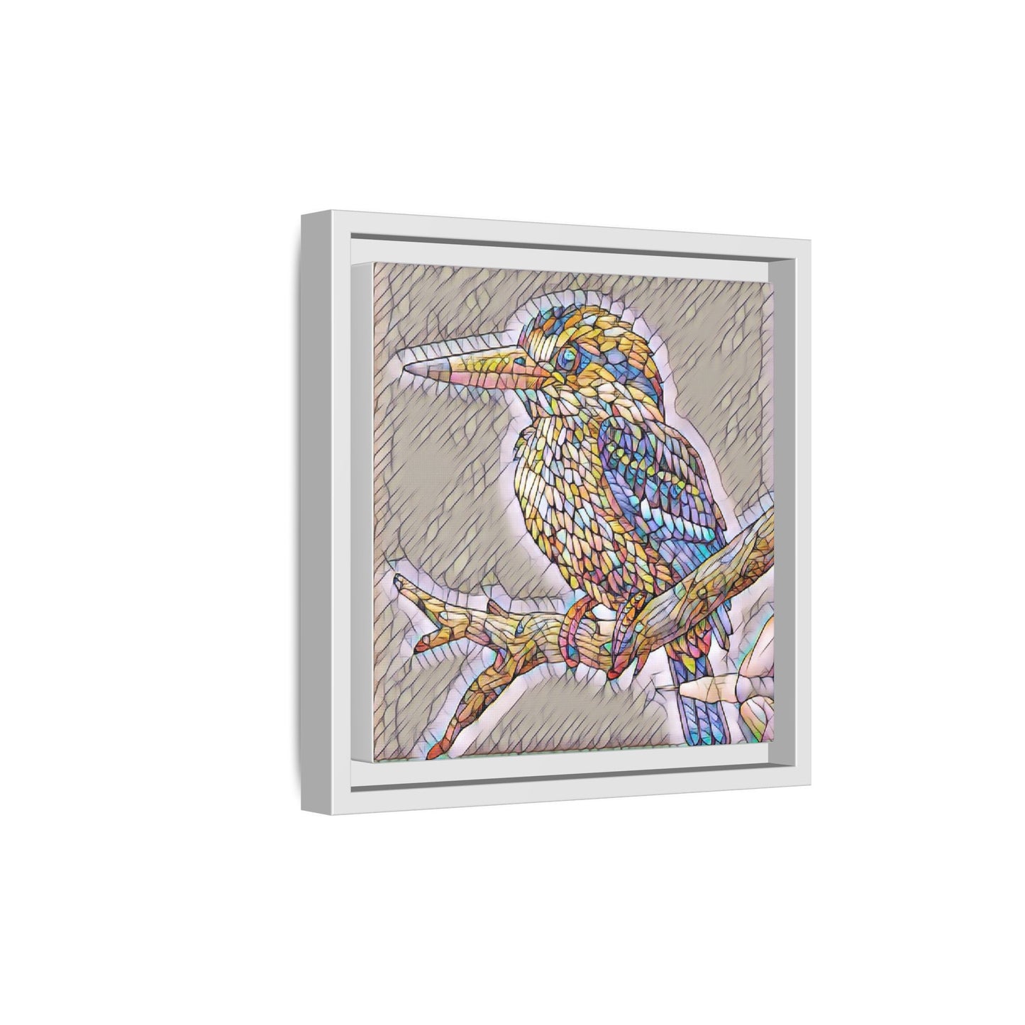 Colorful Kingfisher Framed Canvas Wall Art — Stained-Glass Style Bird Print