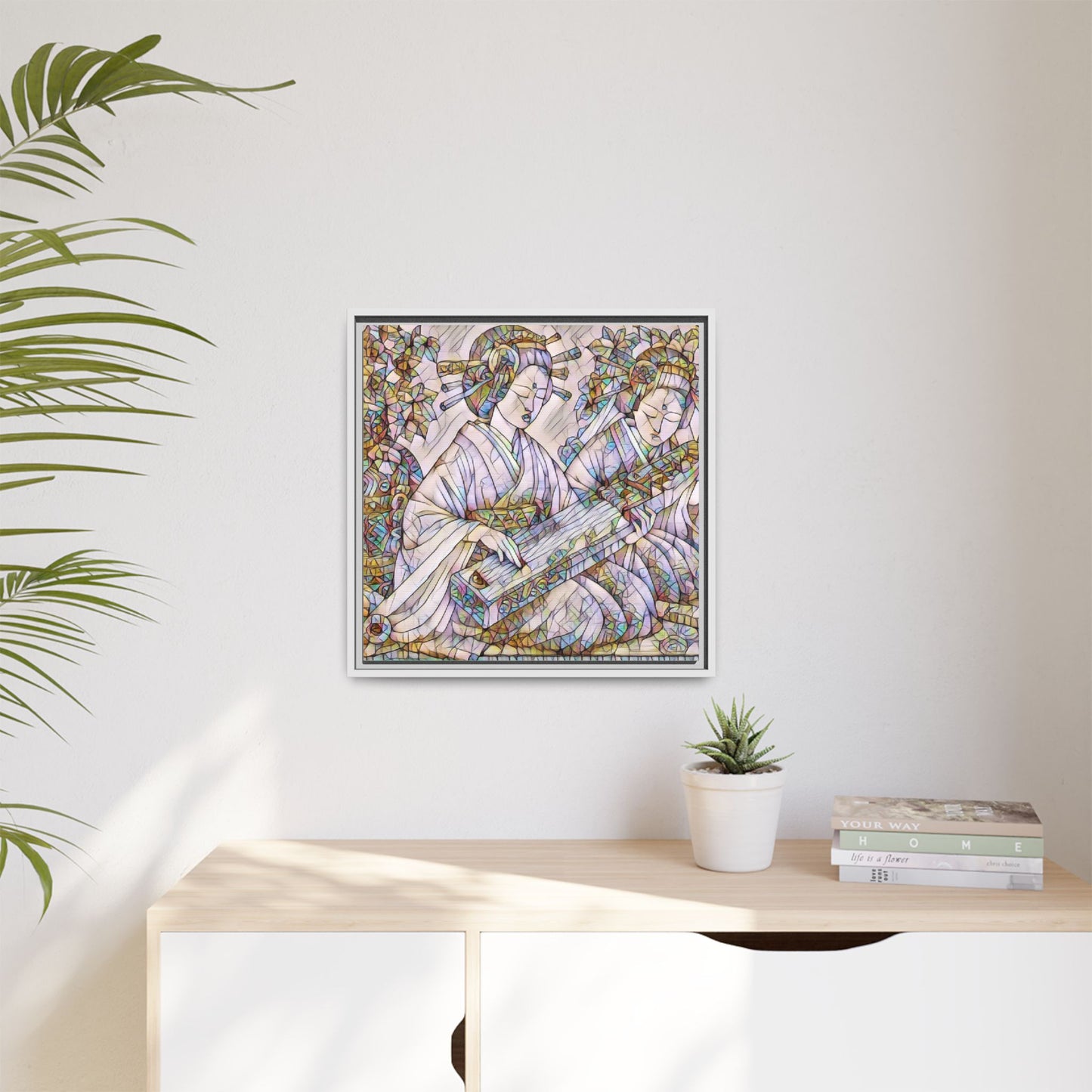 Framed Matte Canvas Print — Stained-Glass Geisha Duo