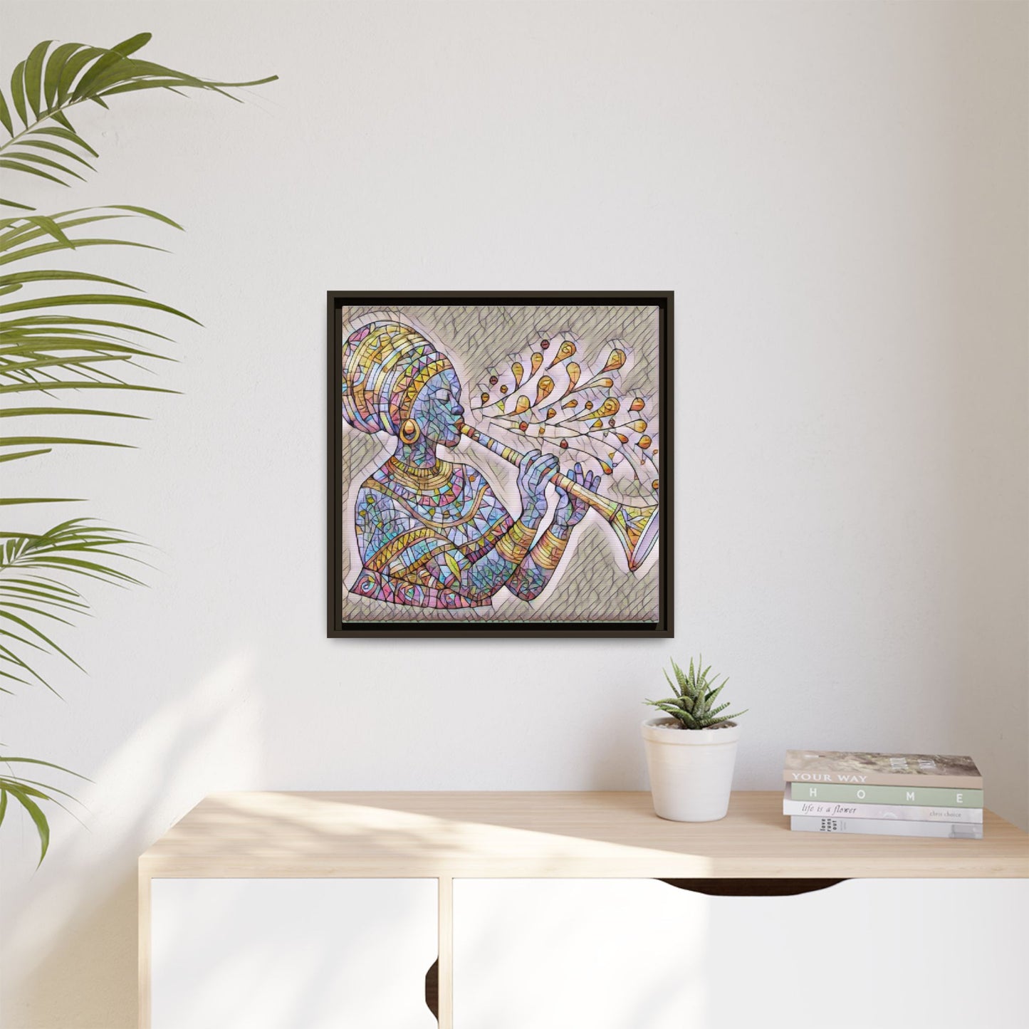 Framed Matte Canvas Art – Colorful African Musician Trumpet Print