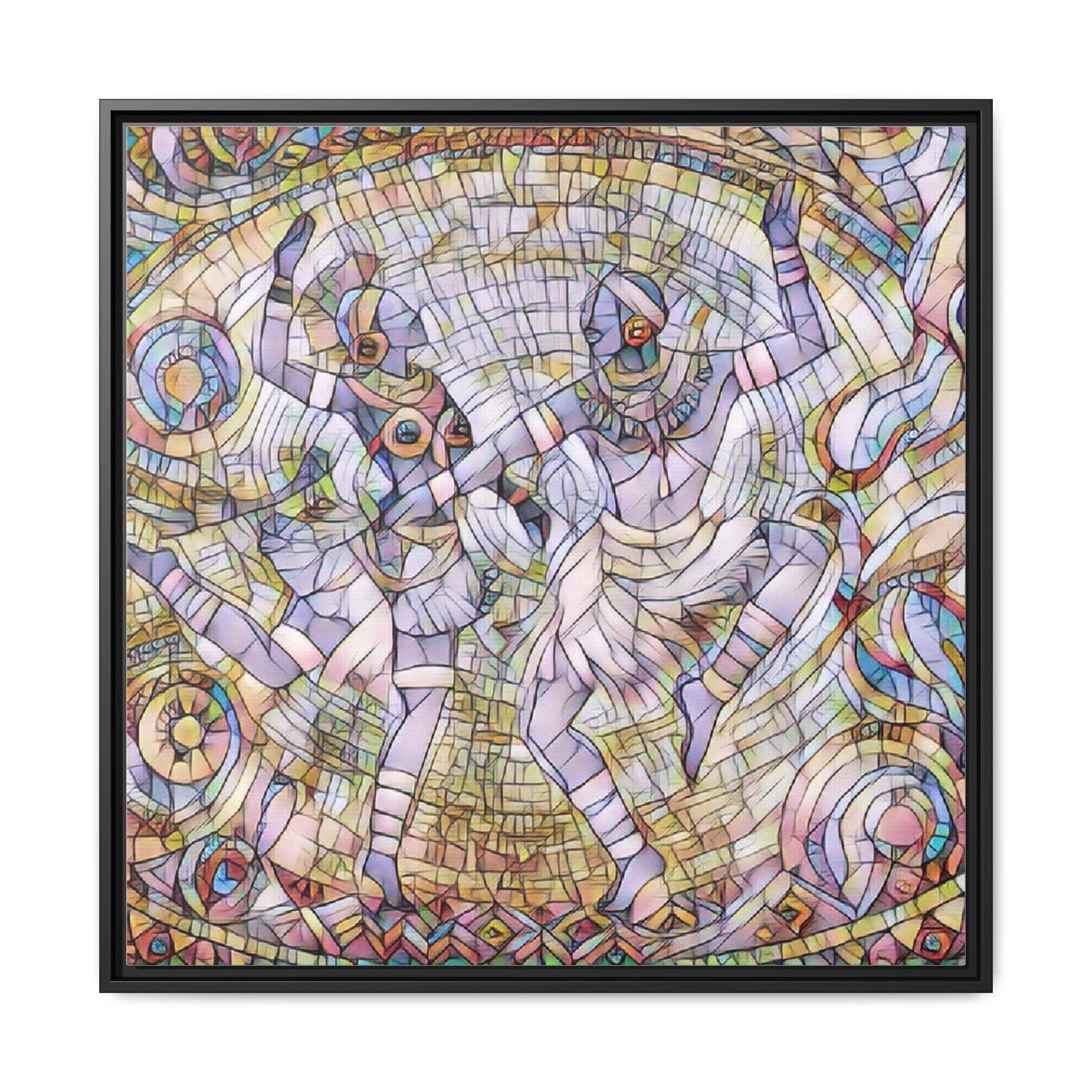 Abstract Dancers Matte Framed Canvas Wall Art — Multi‑Color Stained Glass Style