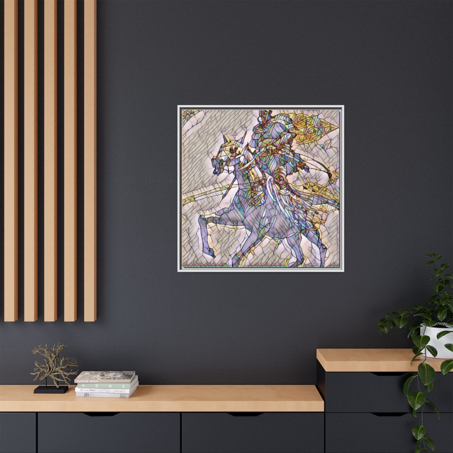 Framed Matte Canvas Art — Stained Glass Knight on Horse Fantasy Wall Decor