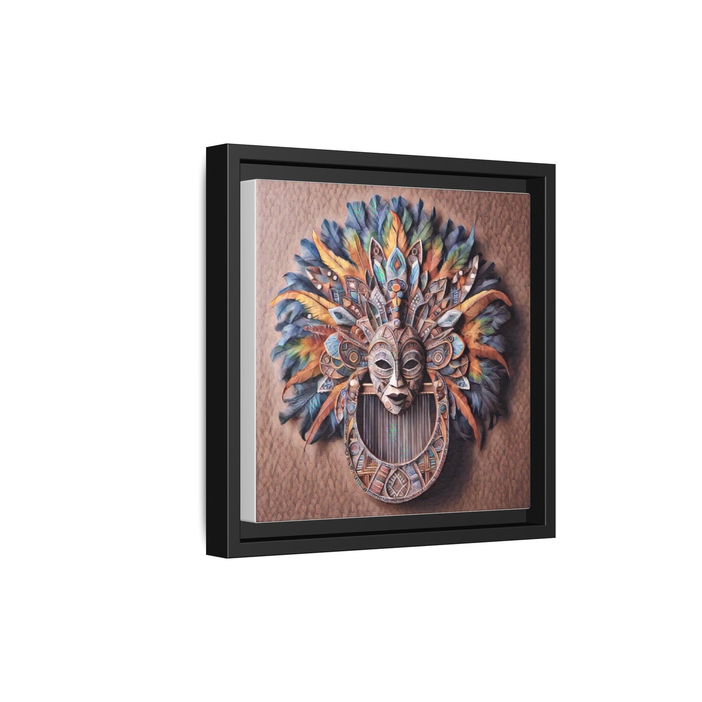 Tribal Feather Mask Framed Canvas Wall Art — Colorful Boho Decorative Print