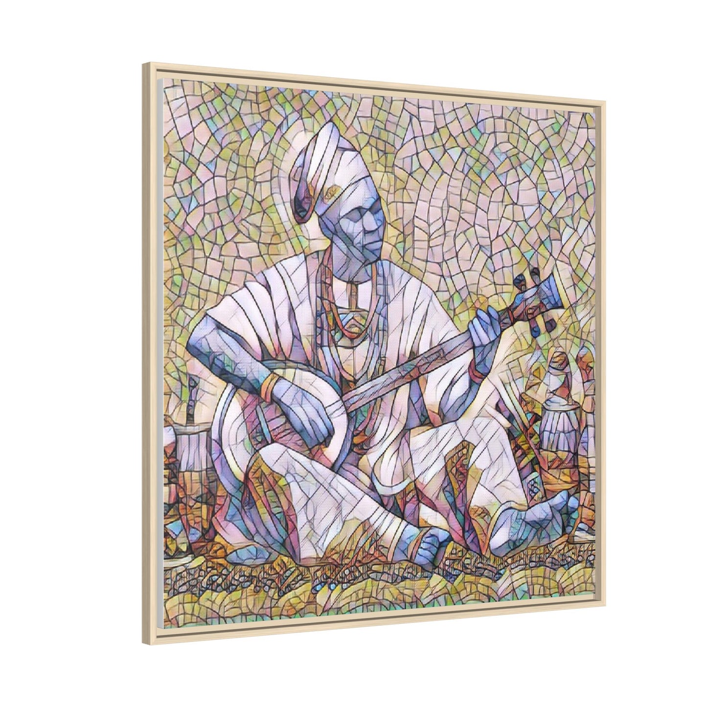 Framed Mosaic Musician Canvas Art — African Griot with Kora