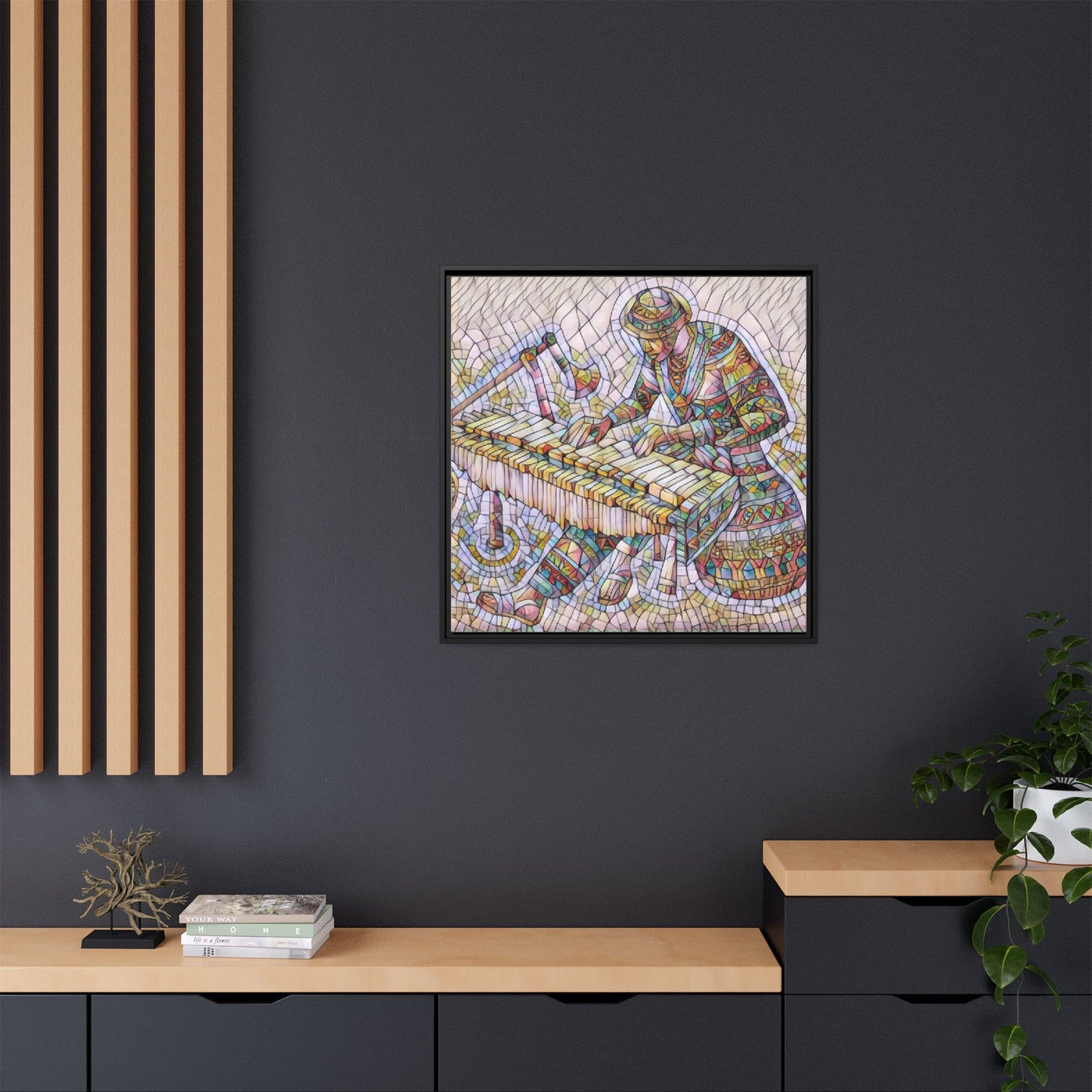 Framed Canvas Art - Colorful Mosaic Vibraphone Musician Print
