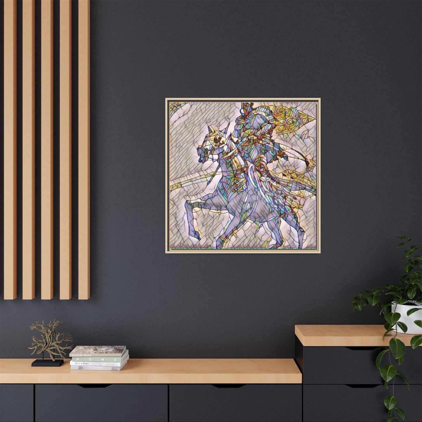 Framed Matte Canvas Art — Stained Glass Knight on Horse Fantasy Wall Decor