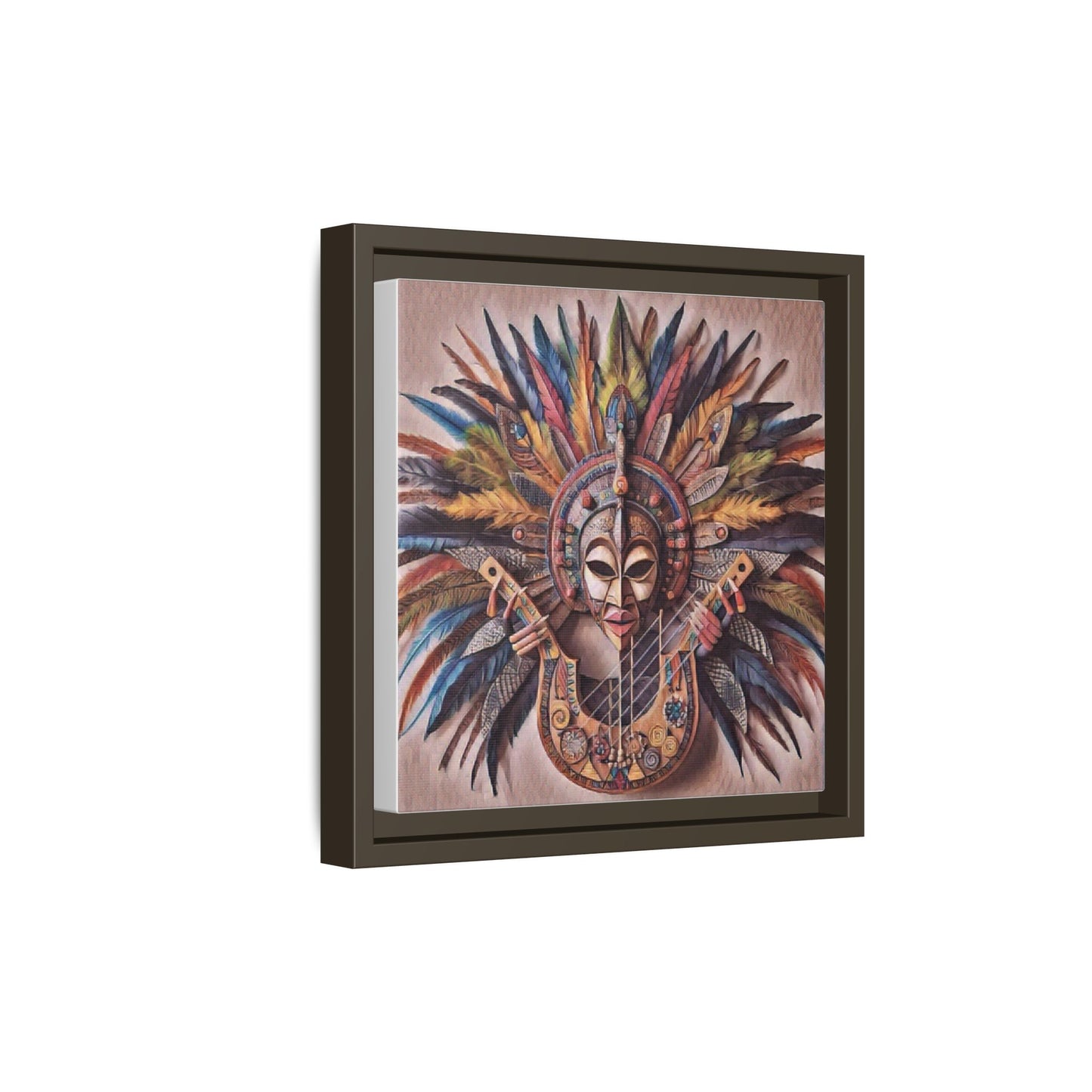 Tribal Feather Mask Guitar Framed Canvas Art — Colorful Boho Wall Decor