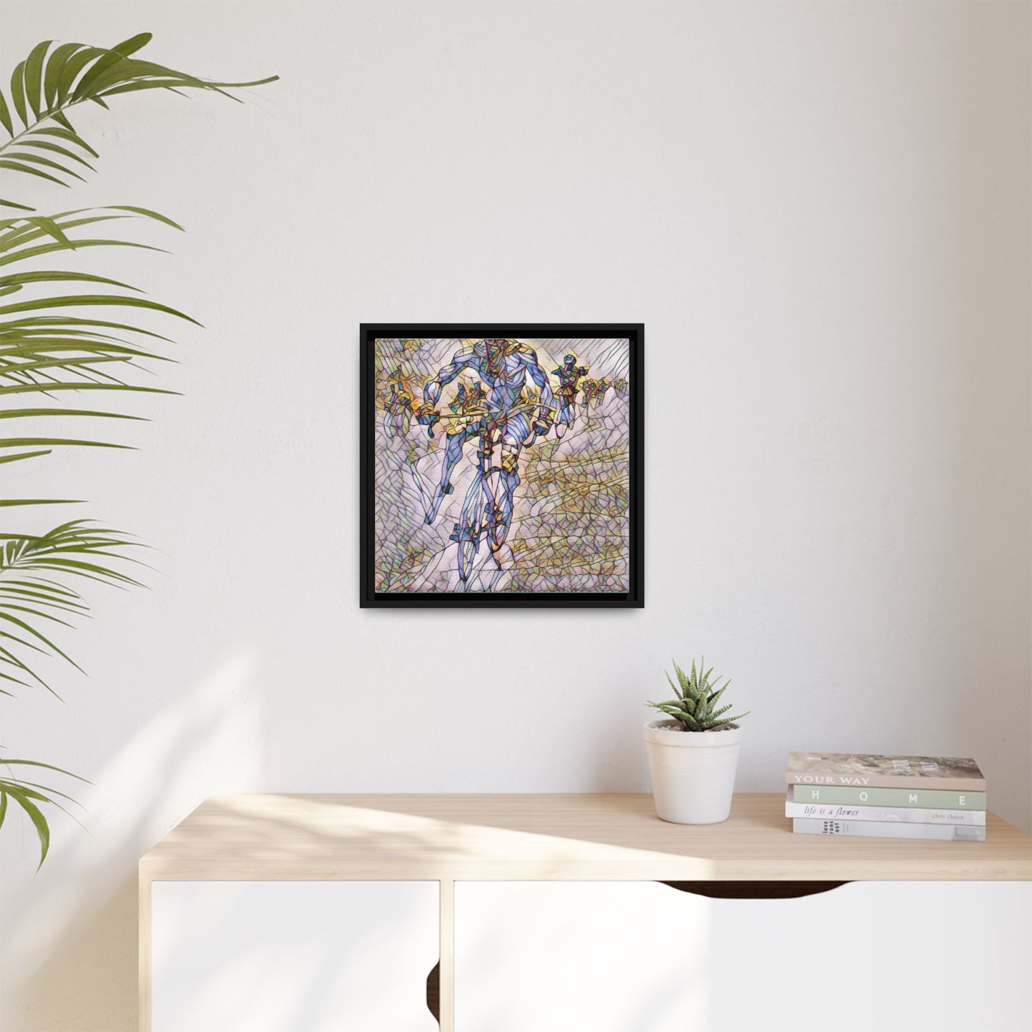 Abstract Cyclist Matte Canvas Framed Art — Colorful Stained-Glass Bike Print
