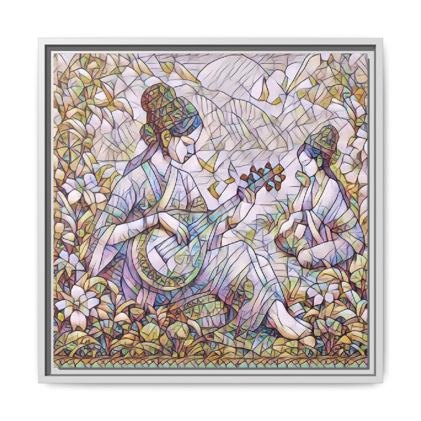 Framed Matte Canvas Art - Vintage Asian Musicians Floral Illustration