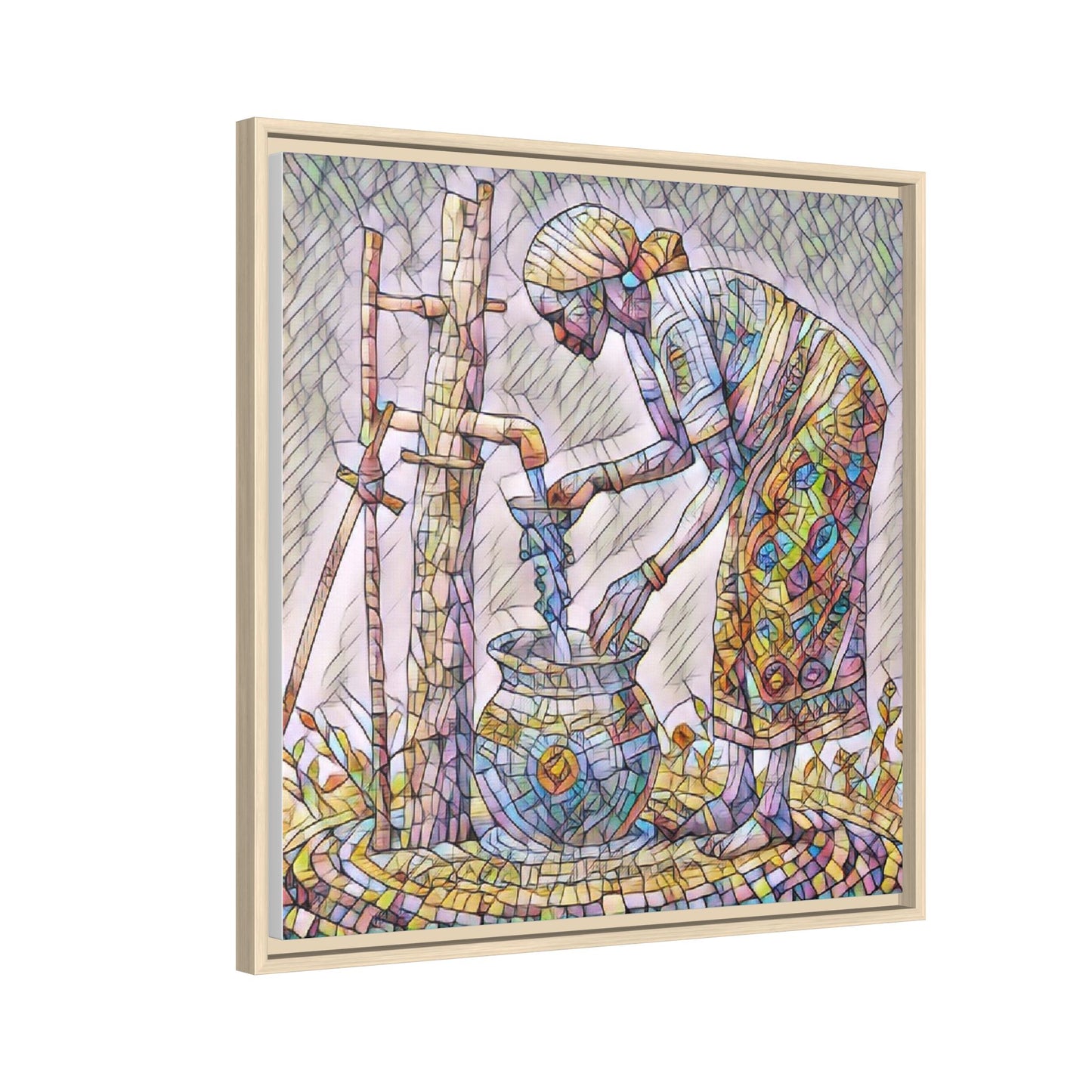Framed Matte Canvas Art — Colorful Mosaic Woman at Well