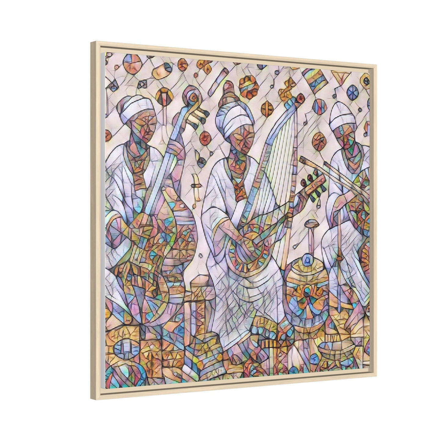 Framed Matte Canvas Print — Colorful African Musicians Stained-Glass Art