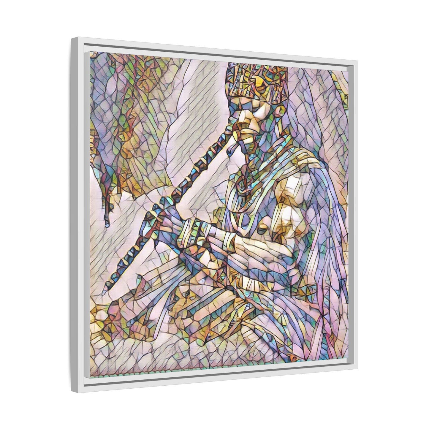 Tribal Flute Musician Stained-Glass Framed Canvas Art