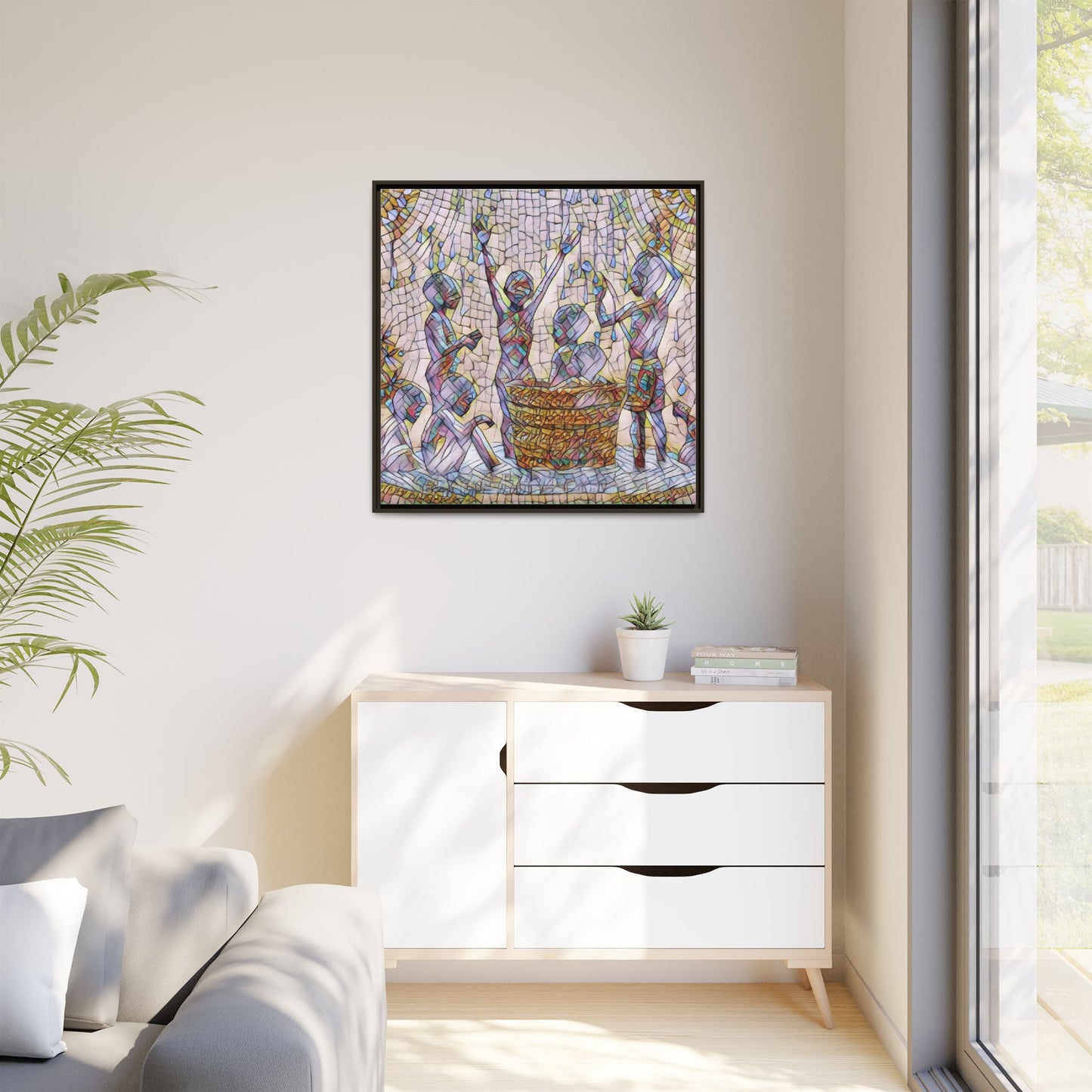 Framed Matte Canvas Art — Children Playing Mosaic Illustration