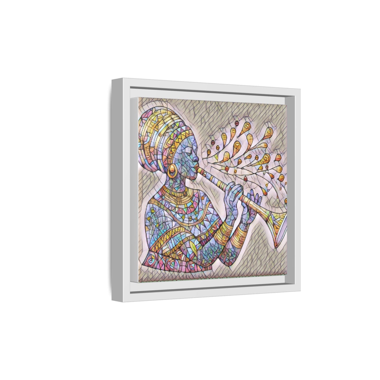 Framed Matte Canvas Art – Colorful African Musician Trumpet Print