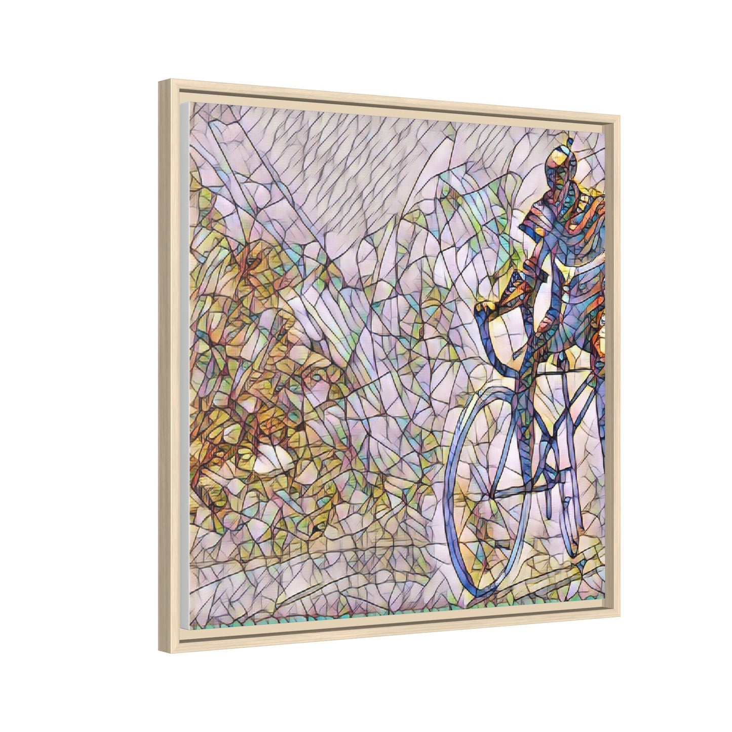 Colorful Cyclist Stained-Glass Art — Framed Matte Canvas