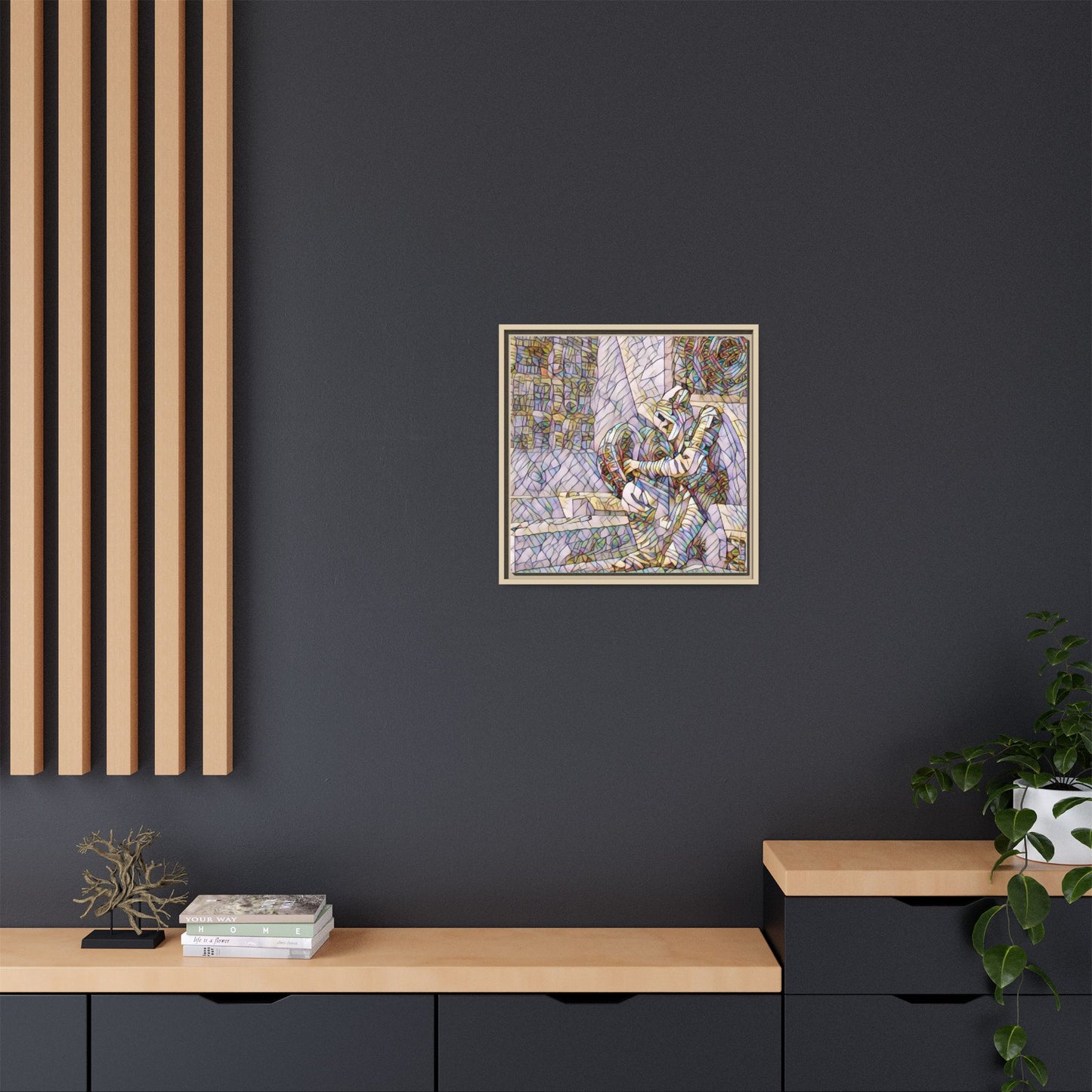 Framed Matte Canvas Art — Colorful Stained-Glass Astronaut Embrace