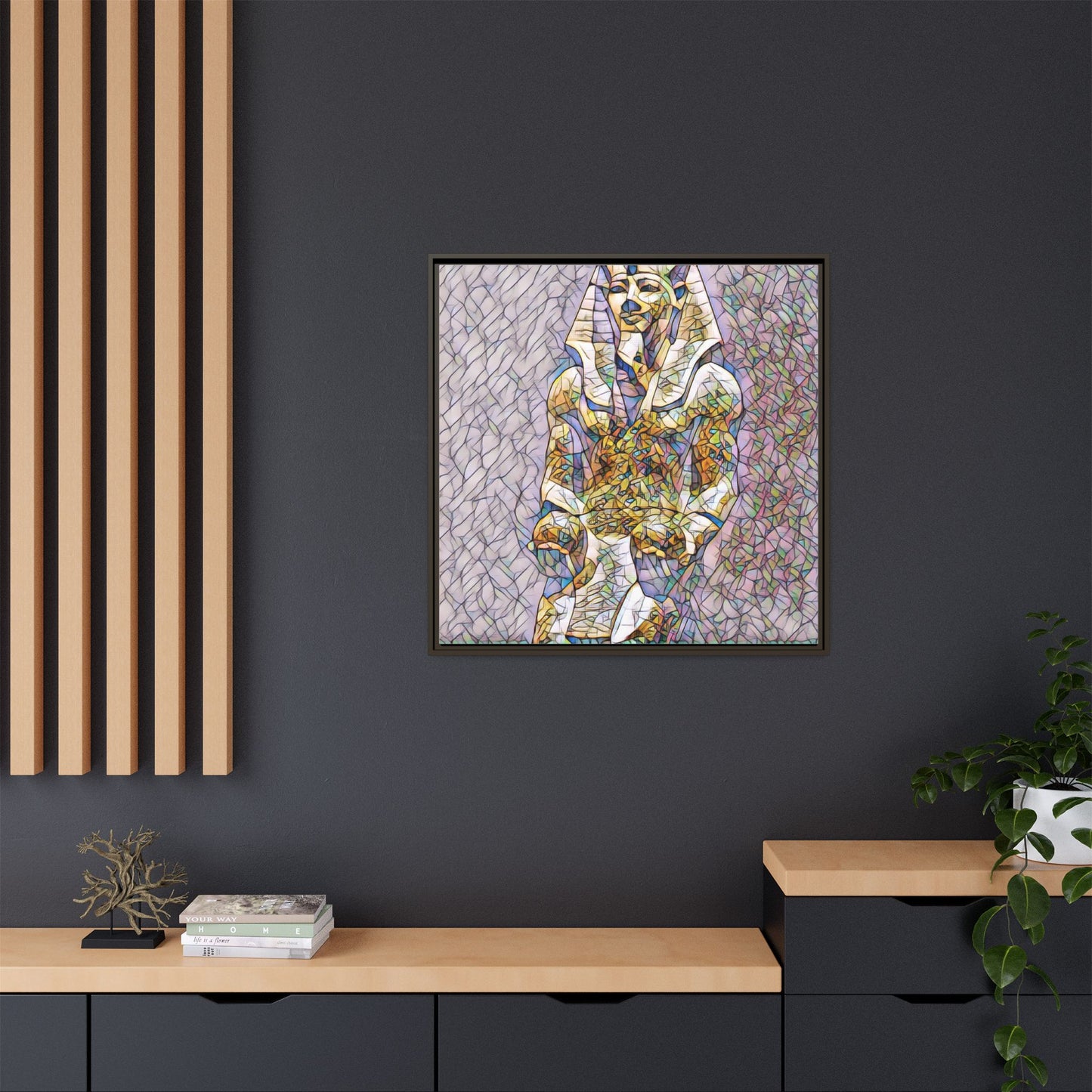 Framed Abstract Pharaoh Matte Canvas Wall Art — Multicolor Egyptian Statue Print