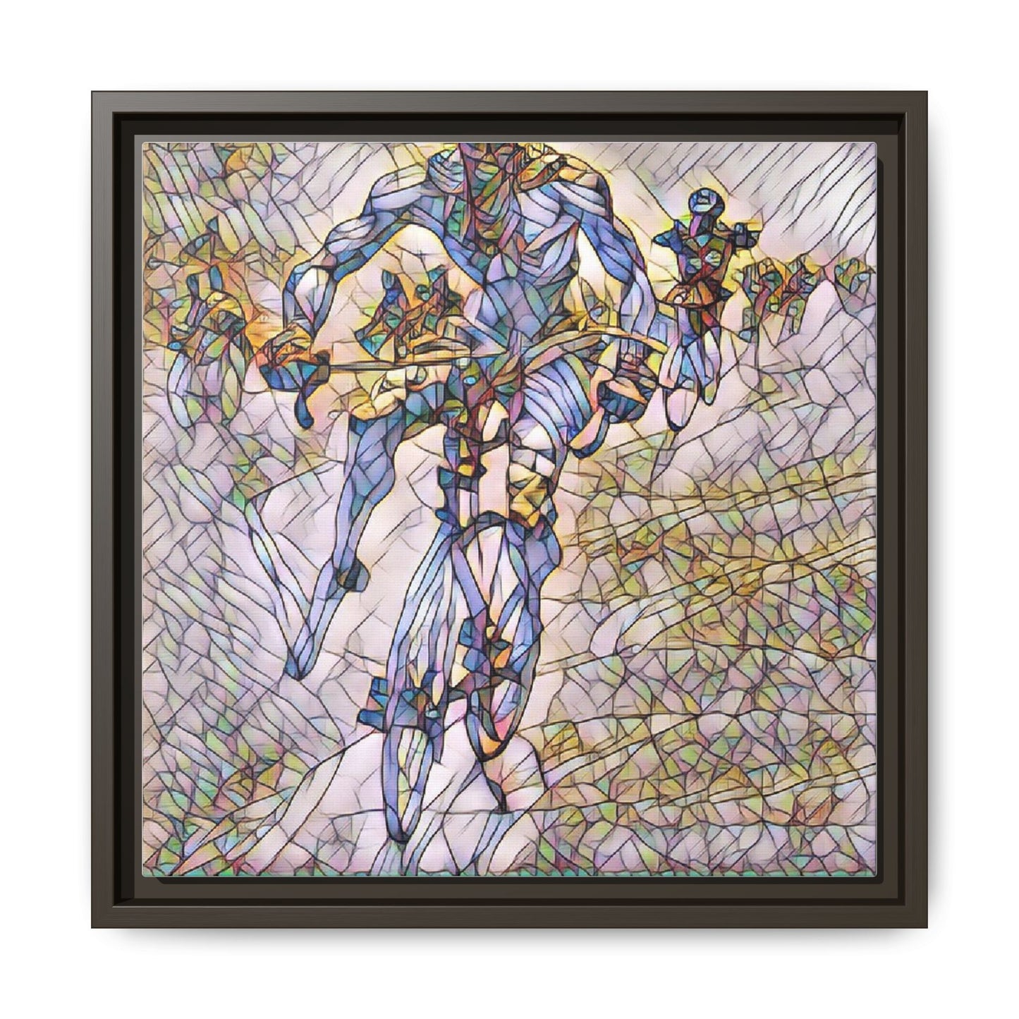 Abstract Cyclist Matte Canvas Framed Art — Colorful Stained-Glass Bike Print