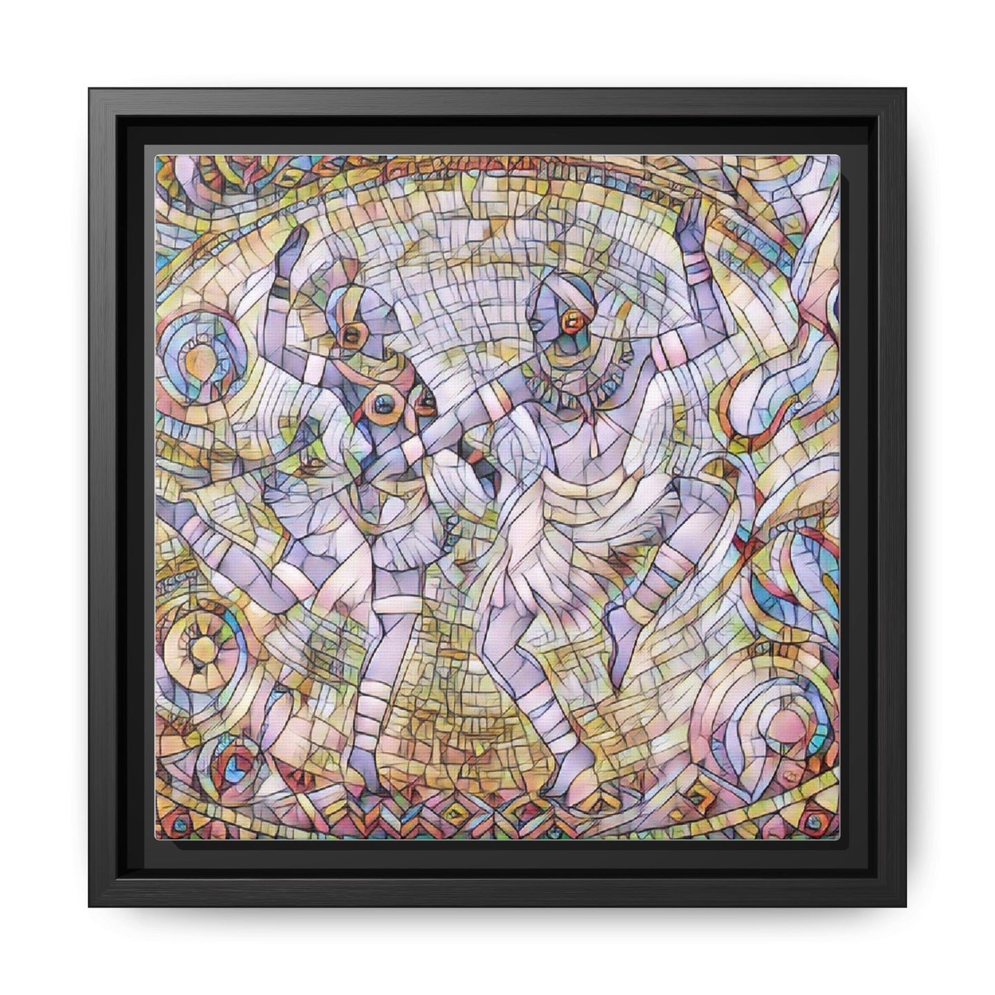 Abstract Dancers Matte Framed Canvas Wall Art — Multi‑Color Stained Glass Style