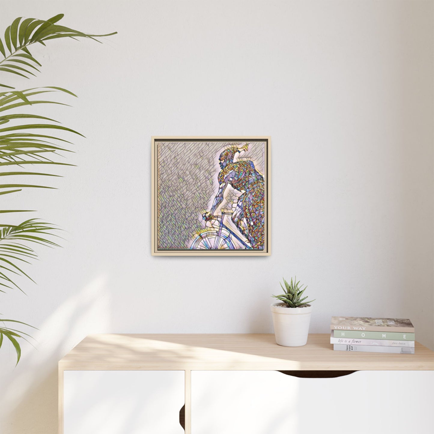 Cyclist Mosaic Matte Canvas Print — Framed Multicolor Bike Art