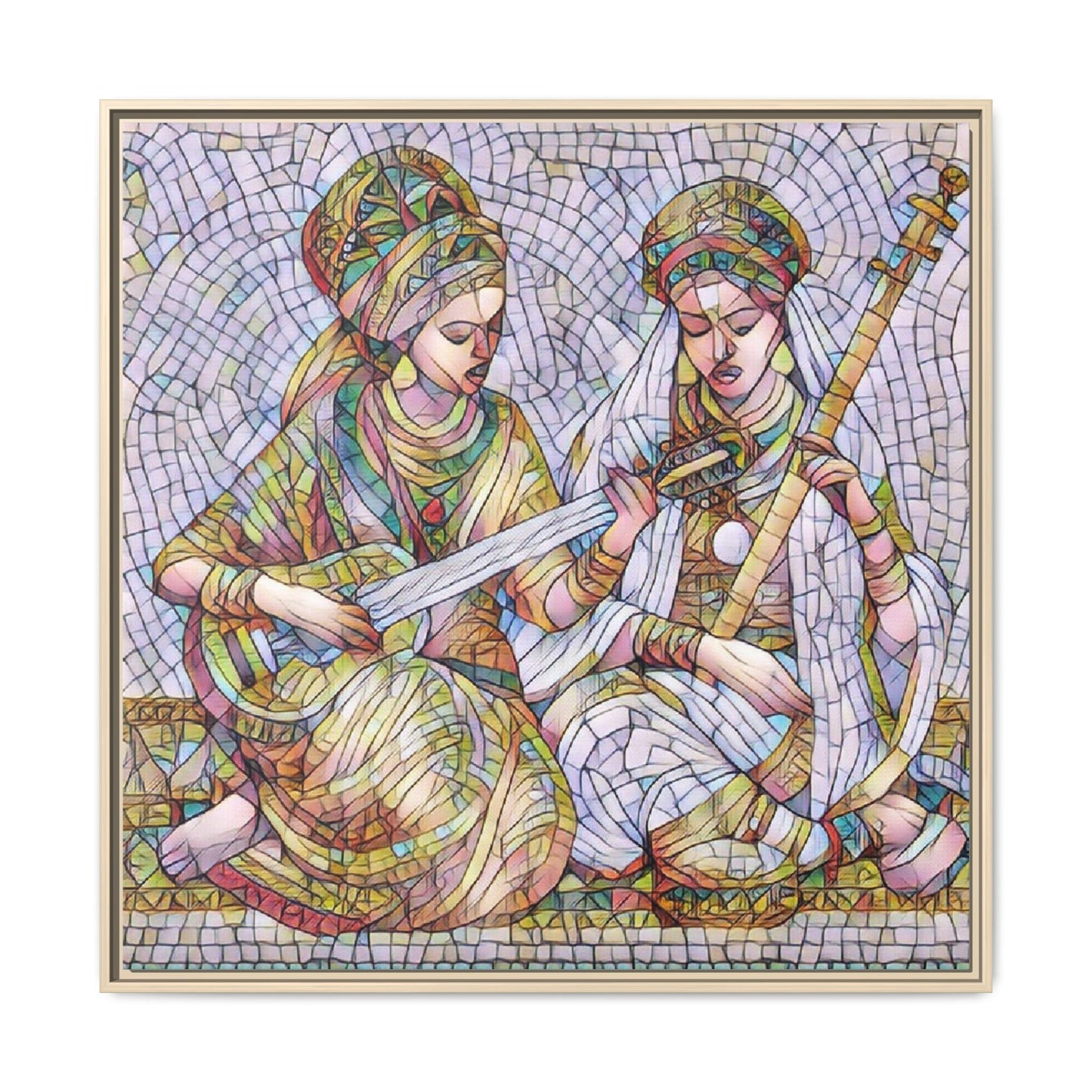 Framed Mosaic Art Print — Two Women Playing Lutes (Matte Canvas)