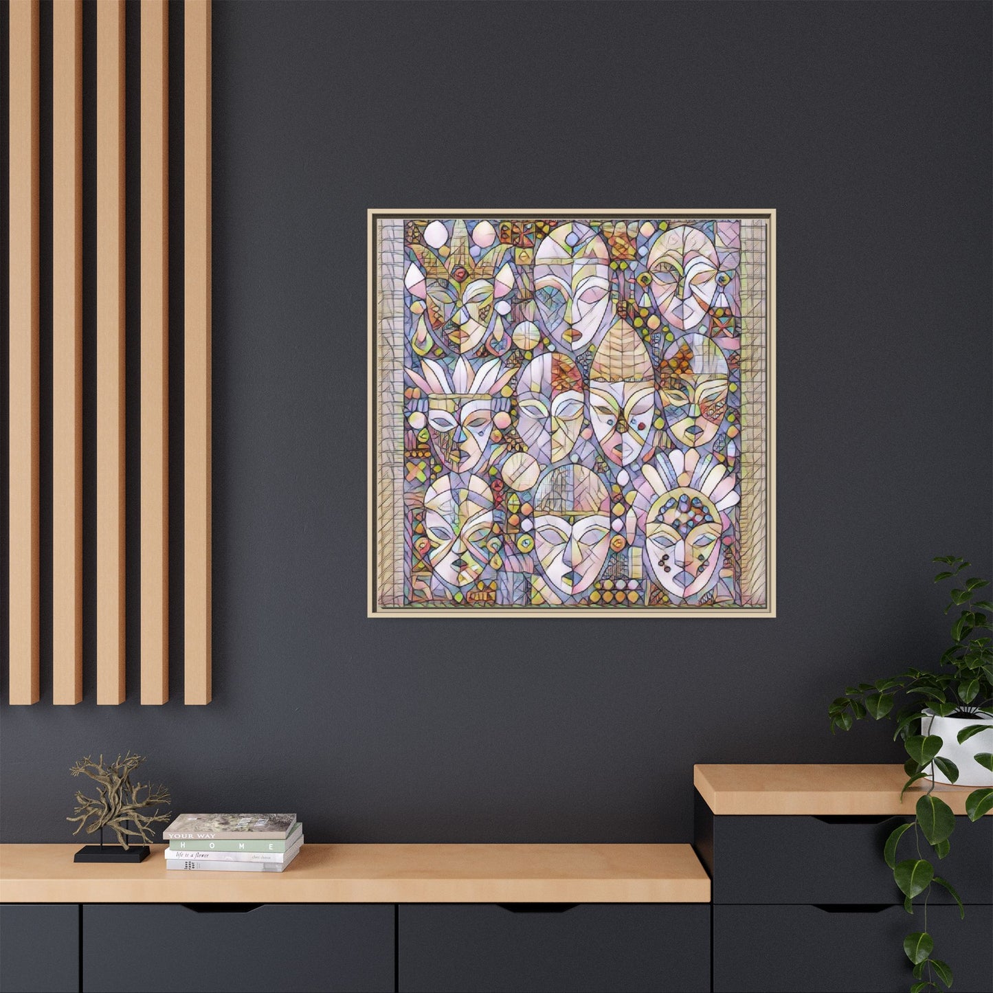 Framed Abstract Mask Art Canvas — Multicolor Stained-Glass Faces Wall Decor