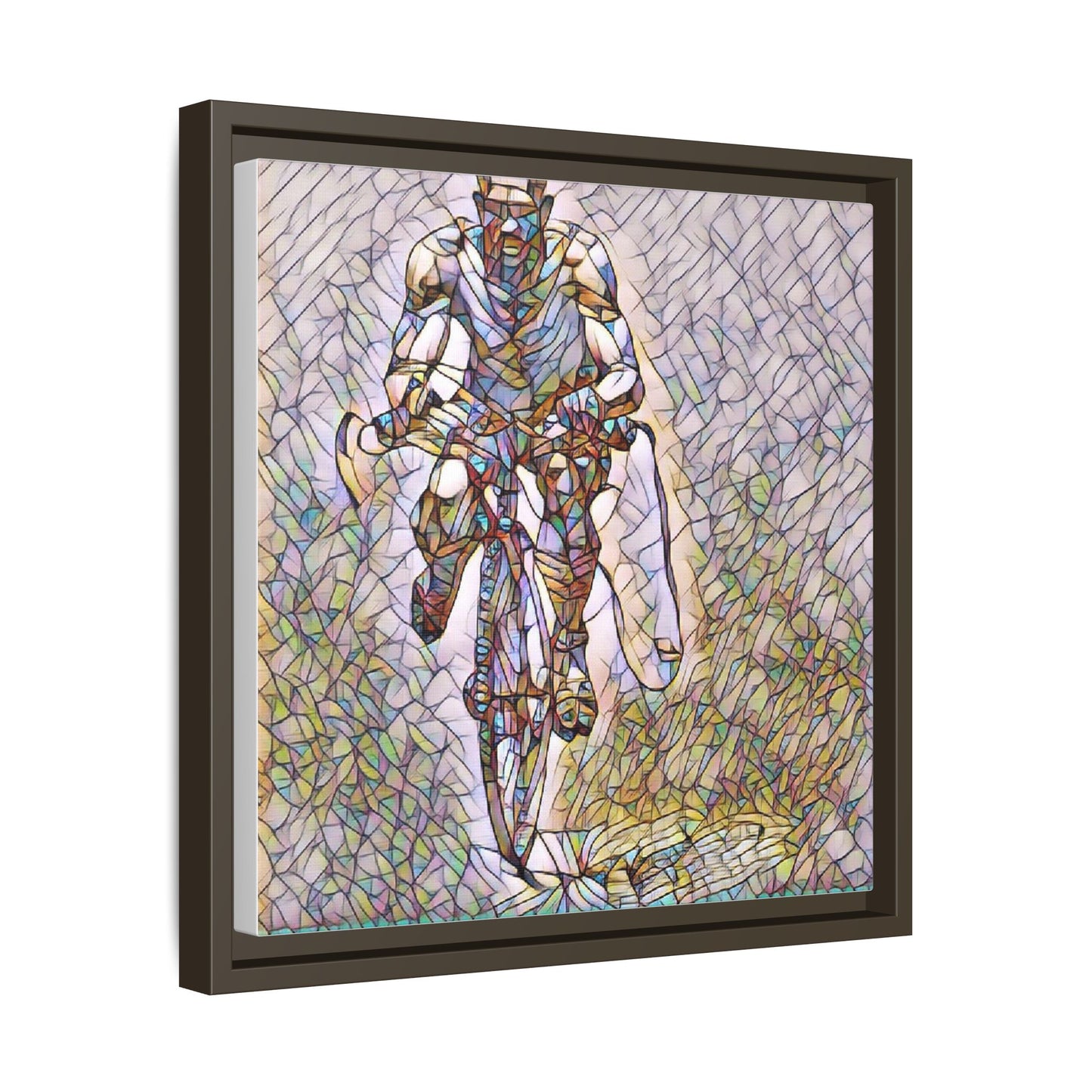 Cyclist Art Print — Framed Matte Canvas Wall Art (Multicolor Stained-Glass Style)