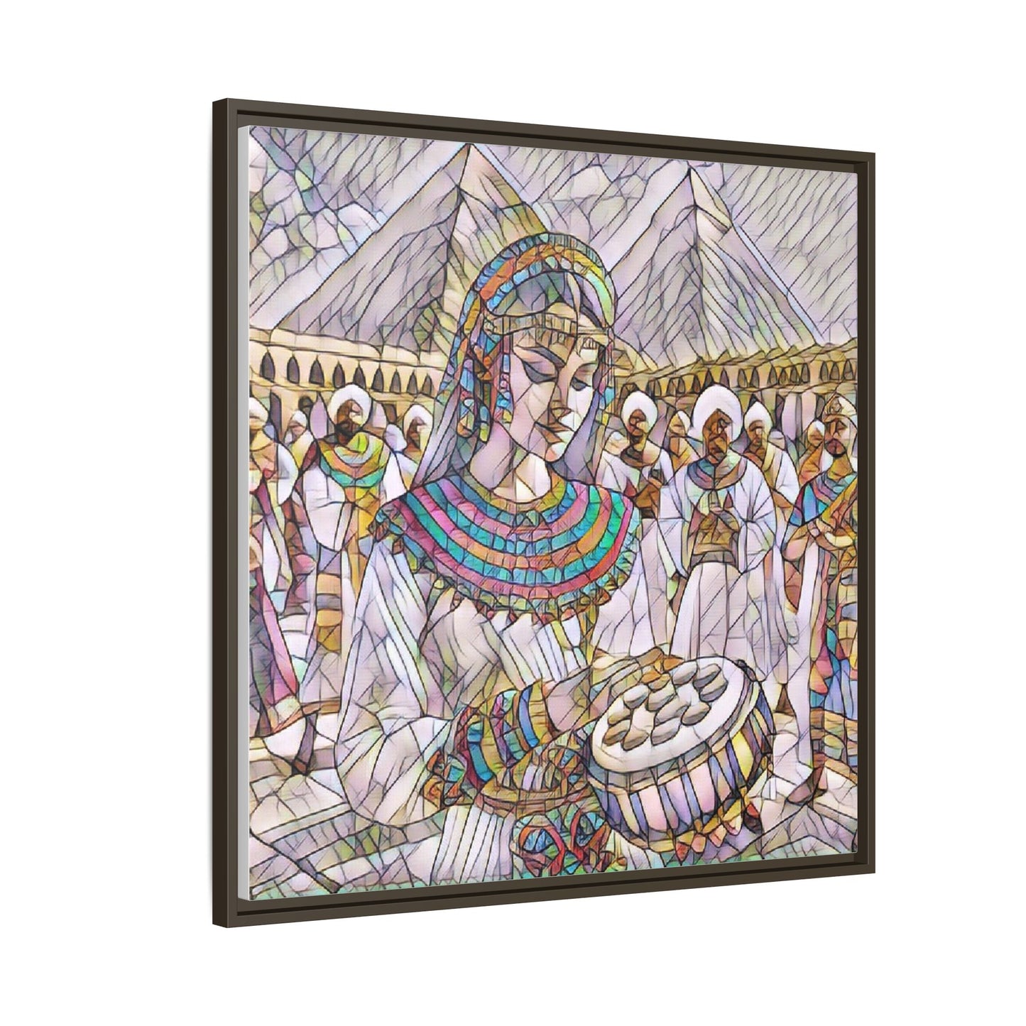 Egyptian Drum Player Framed Canvas Art — Colorful Ancient Scene Wall Decor
