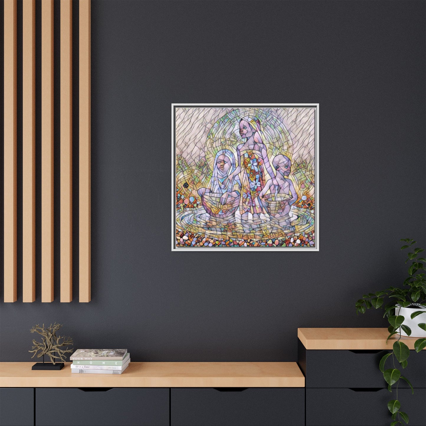 Framed Matte Canvas Art — Stained Glass Trio Women Illustration