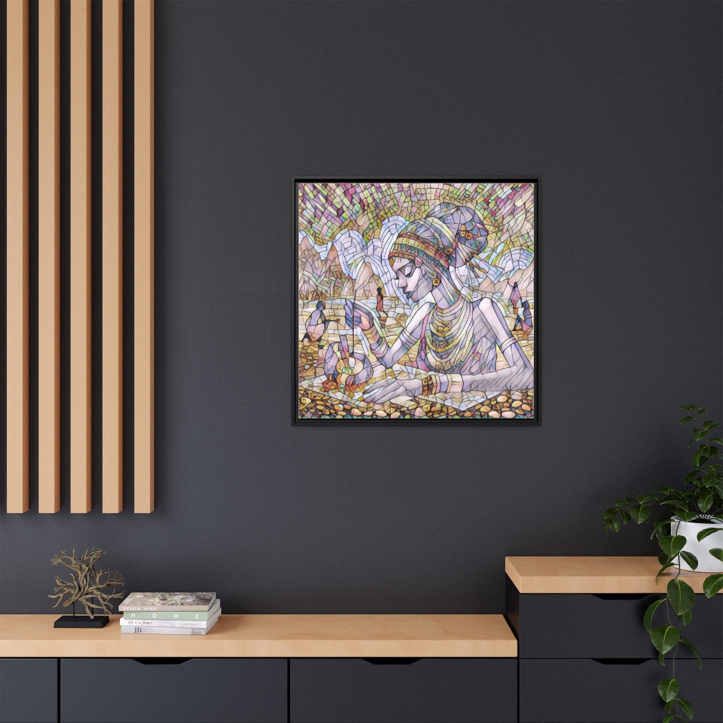 Framed Matte Canvas Art — Mosaic-Inspired Egyptian Woman Illustration