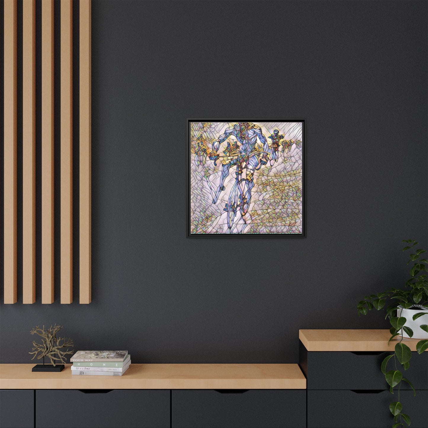 Abstract Cyclist Matte Canvas Framed Art — Colorful Stained-Glass Bike Print