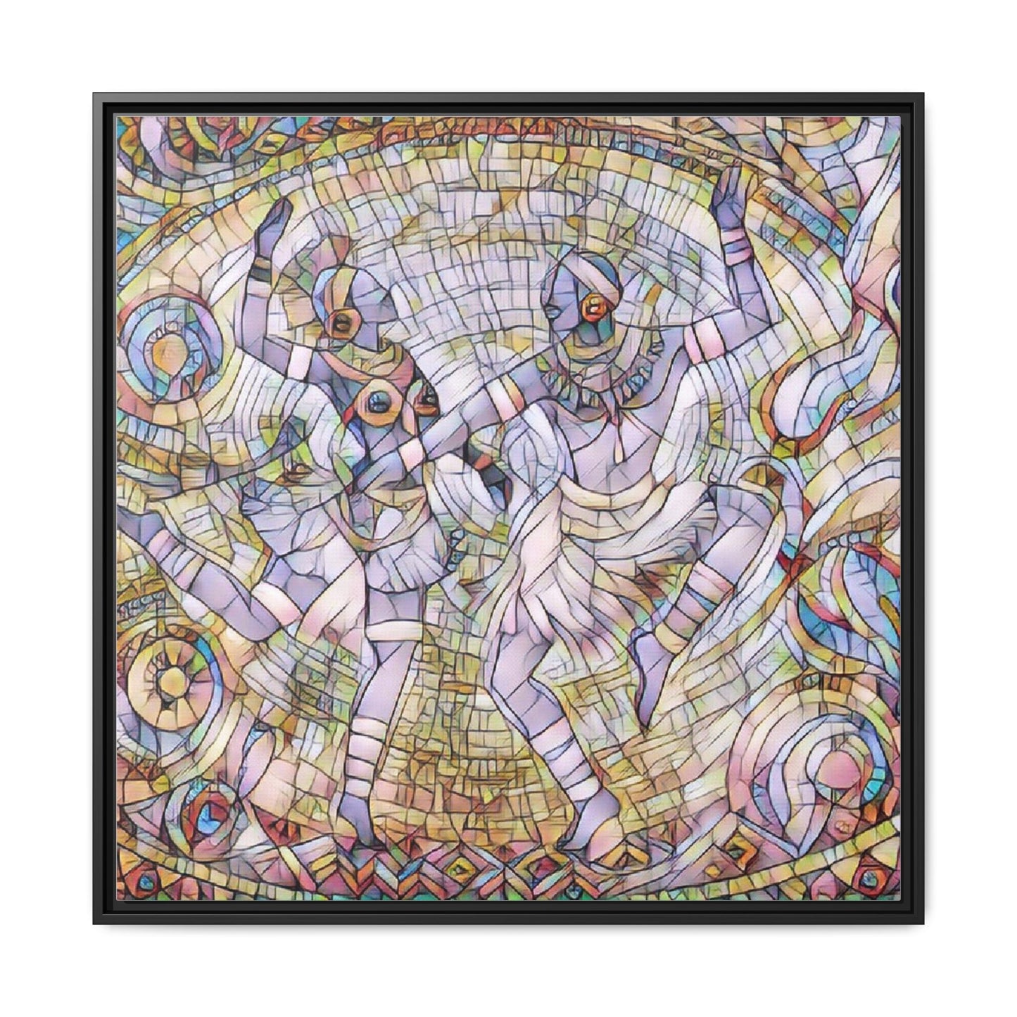 Abstract Dancers Matte Framed Canvas Wall Art — Multi‑Color Stained Glass Style