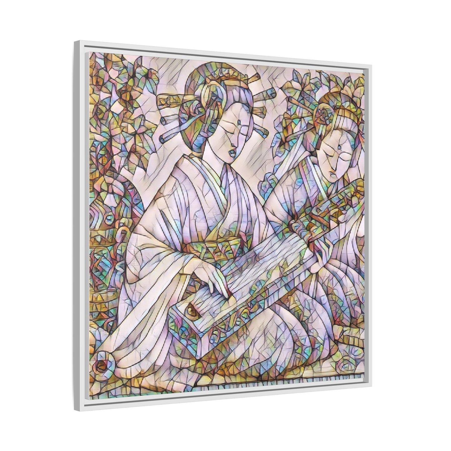 Framed Matte Canvas Print — Stained-Glass Geisha Duo