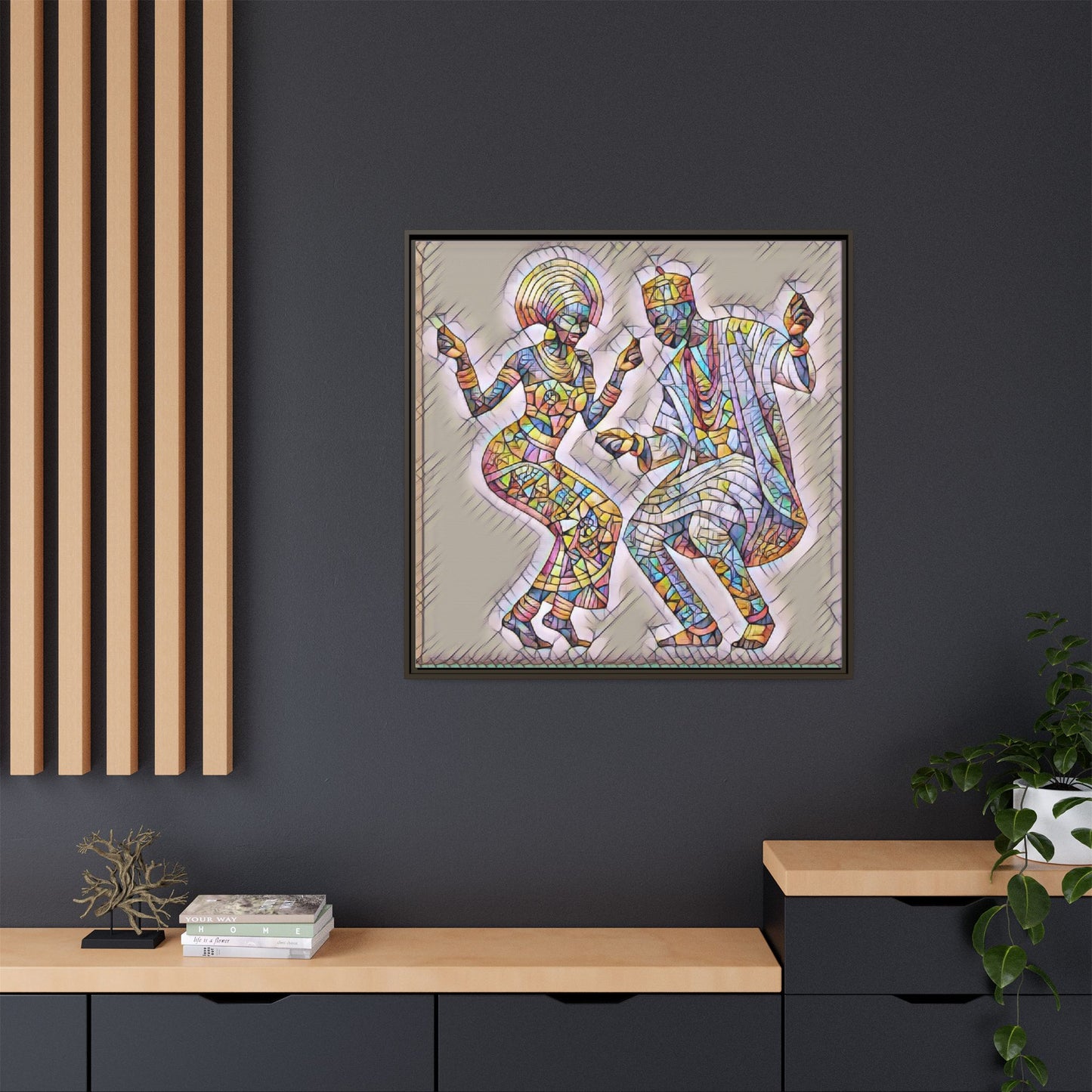 Afrobeat Dancers Framed Canvas Art — Colorful Mosaic African Dance Print