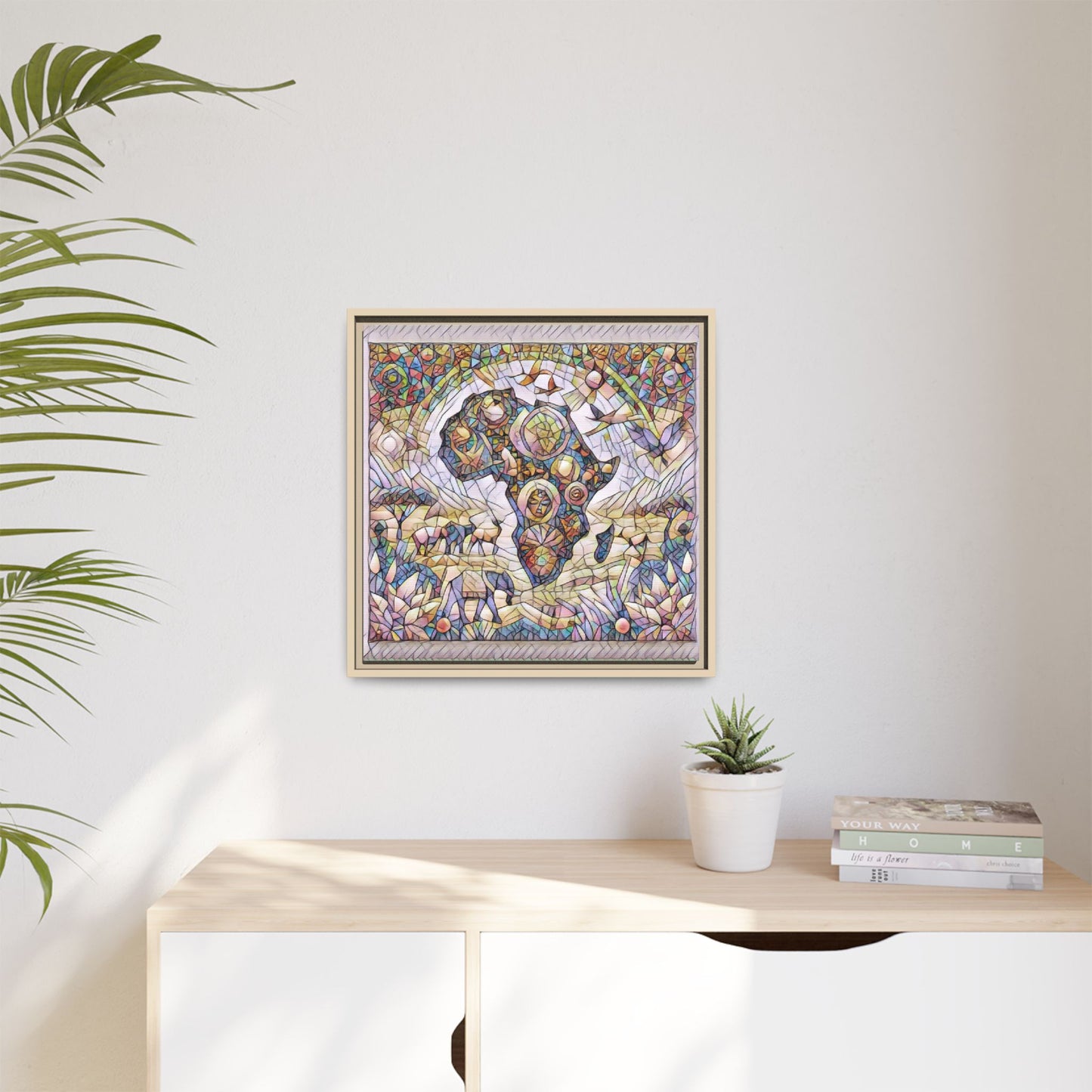 Abstract Mosaic Africa Framed Canvas — Colorful Stained-Glass Wall Art