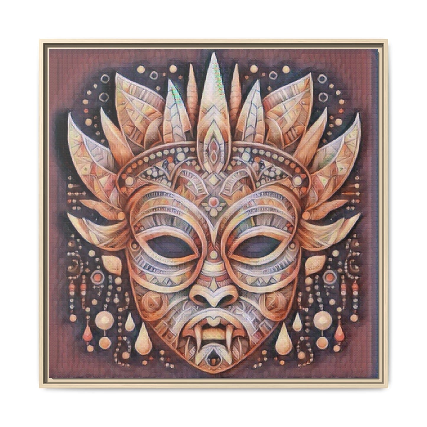Tribal Sun Mask Framed Canvas Art — Boho Ethnic Wall Decor