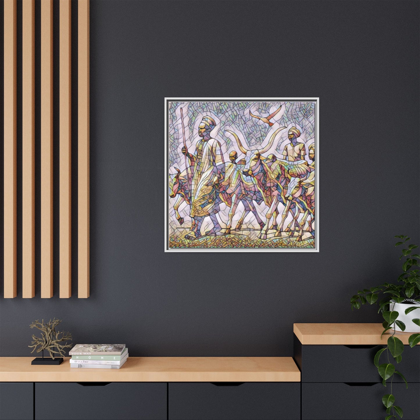 Framed Matte Canvas: Colorful African Herdsmen Art Print