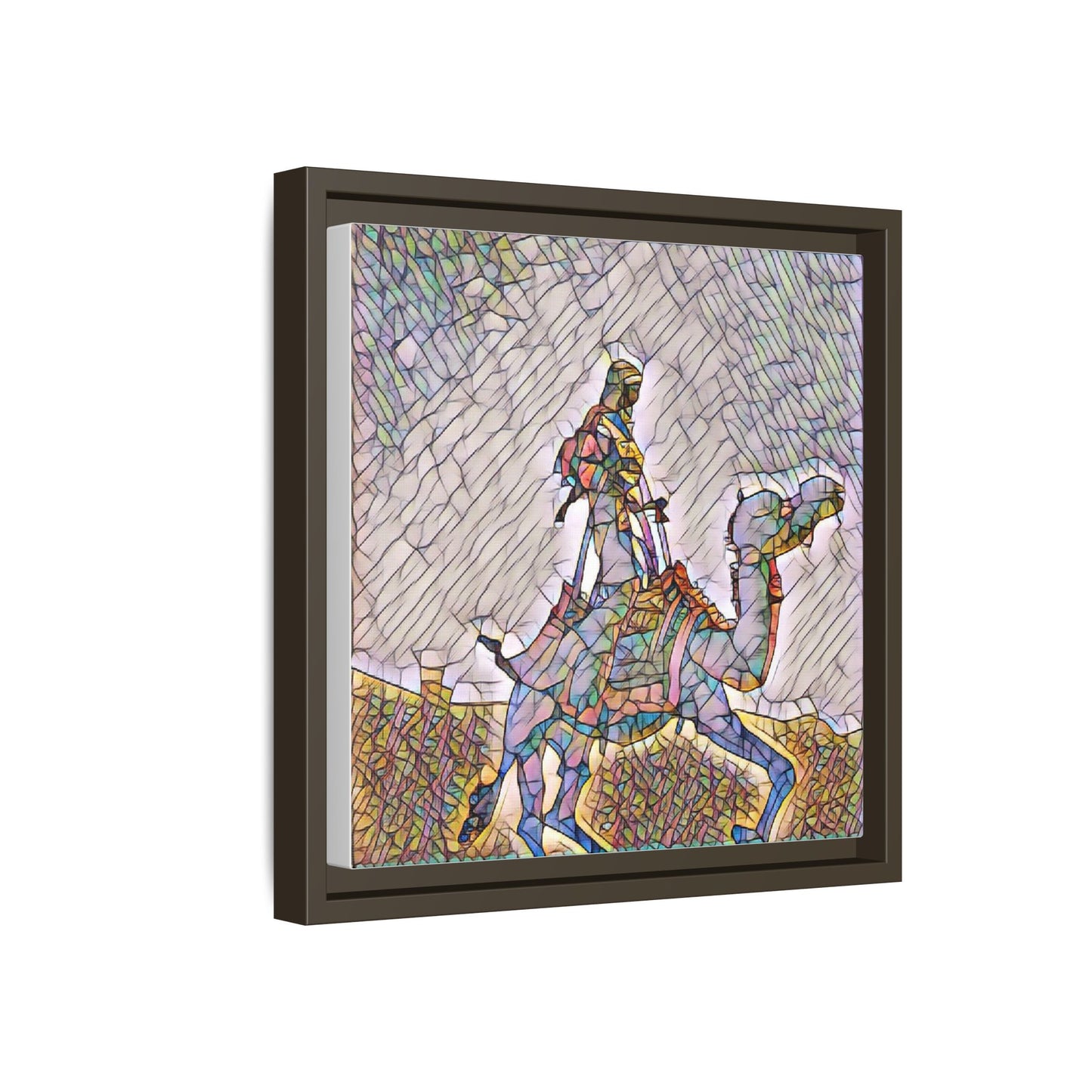 Framed Camel Rider Matte Canvas Art — Colorful Mosaic Desert Wall Decor