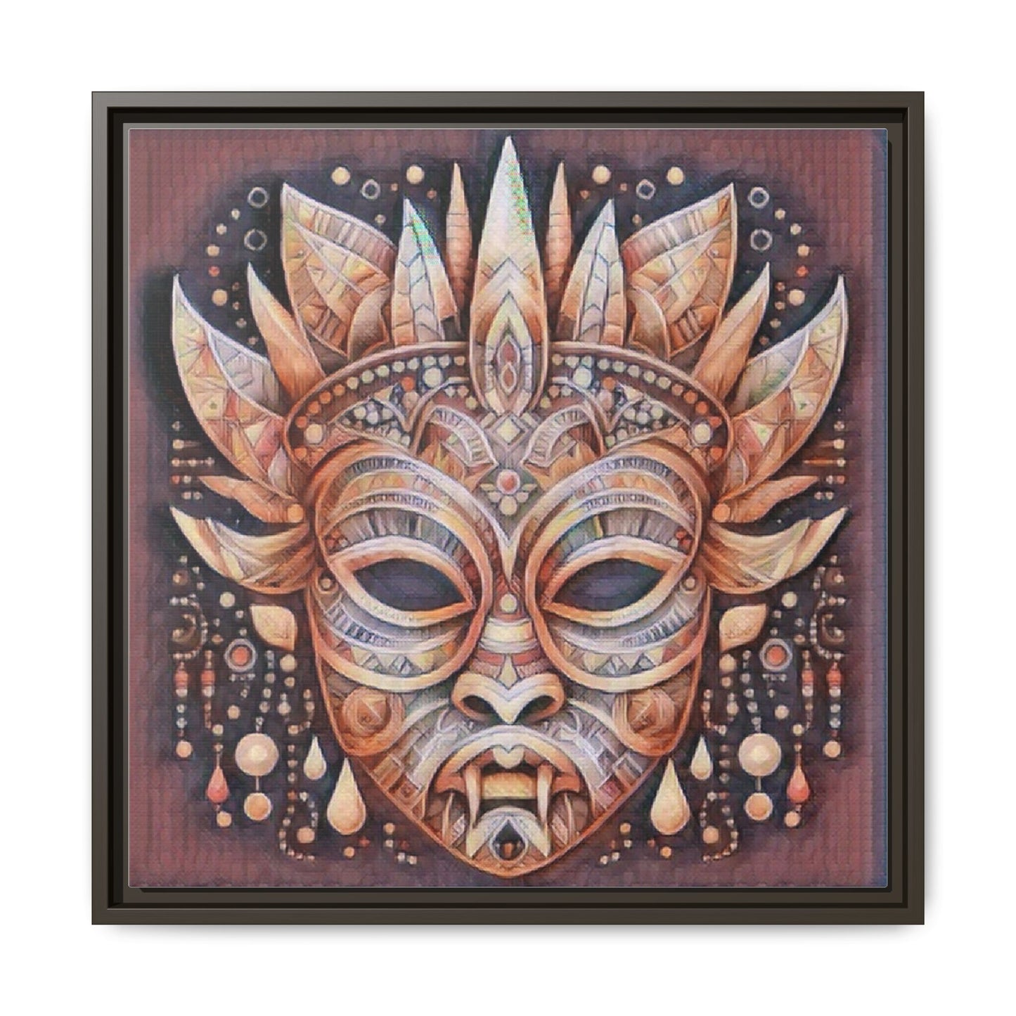 Tribal Sun Mask Framed Canvas Art — Boho Ethnic Wall Decor