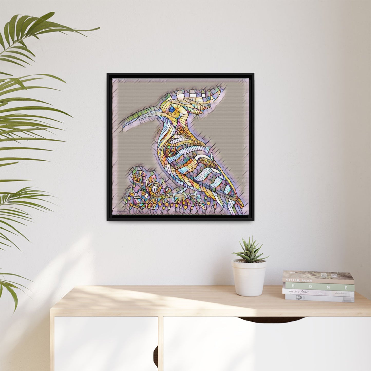 Colorful Mosaic Bird Framed Canvas Art — Whimsical Hoopoe Wall Decor