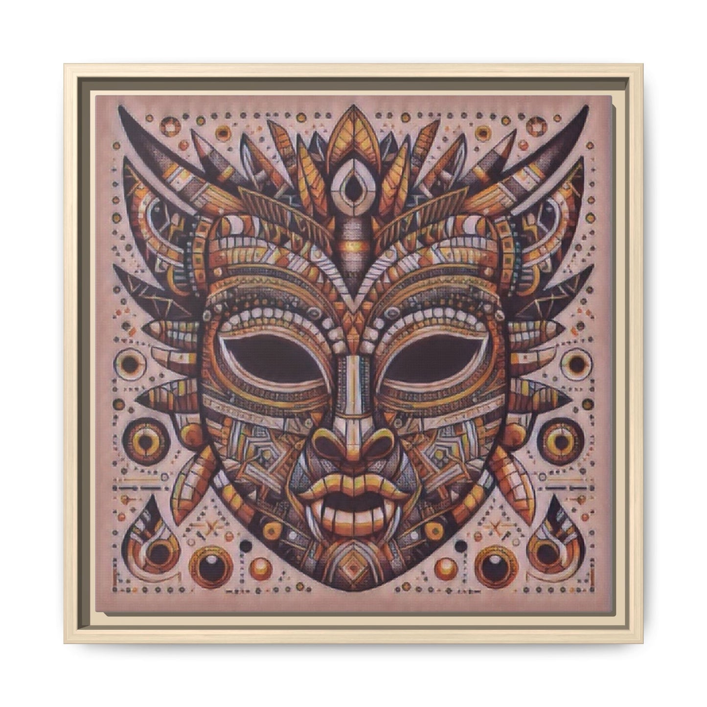 Tribal Mask Framed Canvas Art — Multicolor Matte Wall Decor