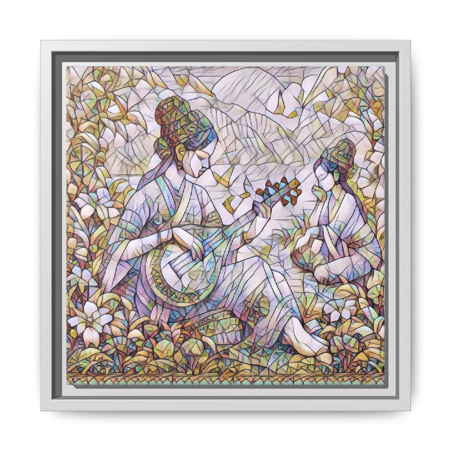 Framed Matte Canvas Art - Vintage Asian Musicians Floral Illustration