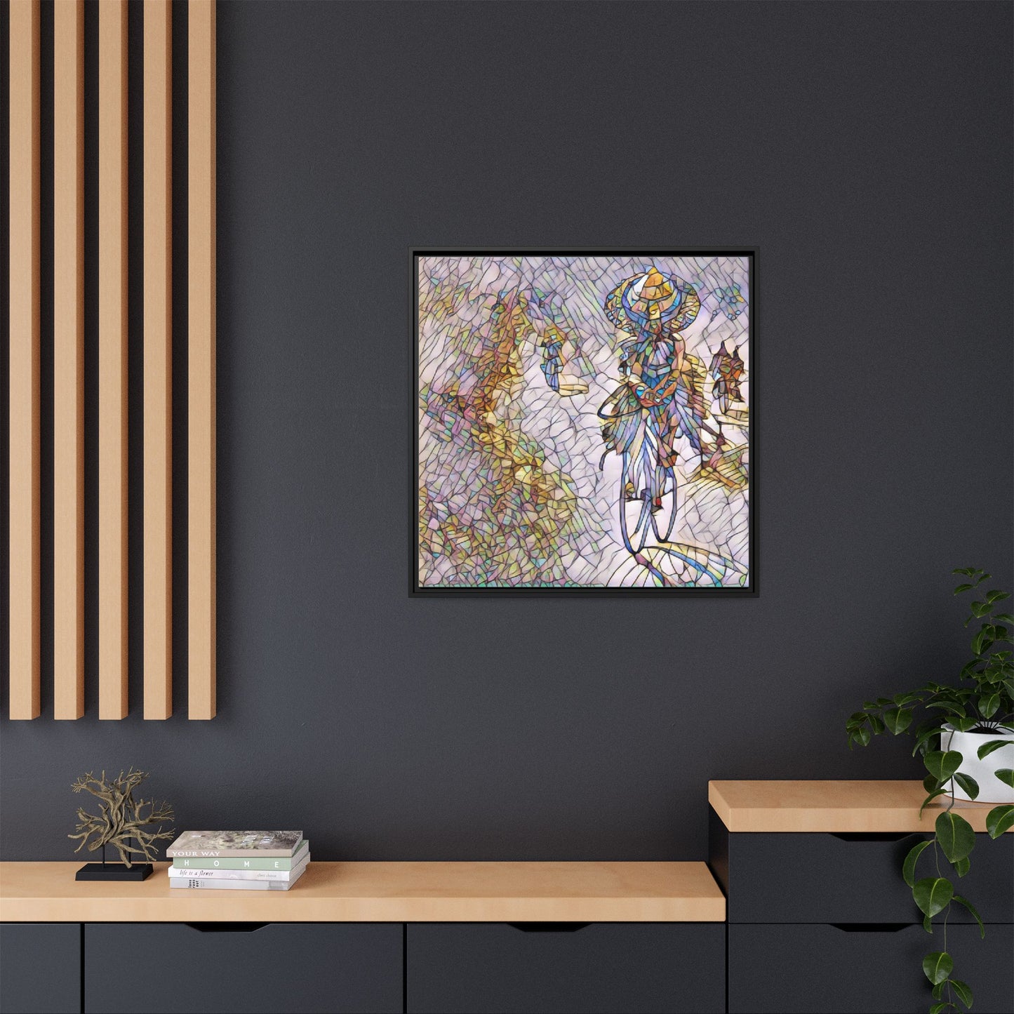 Abstract Cyclist Stained-Glass Art Print — Framed Matte Canvas