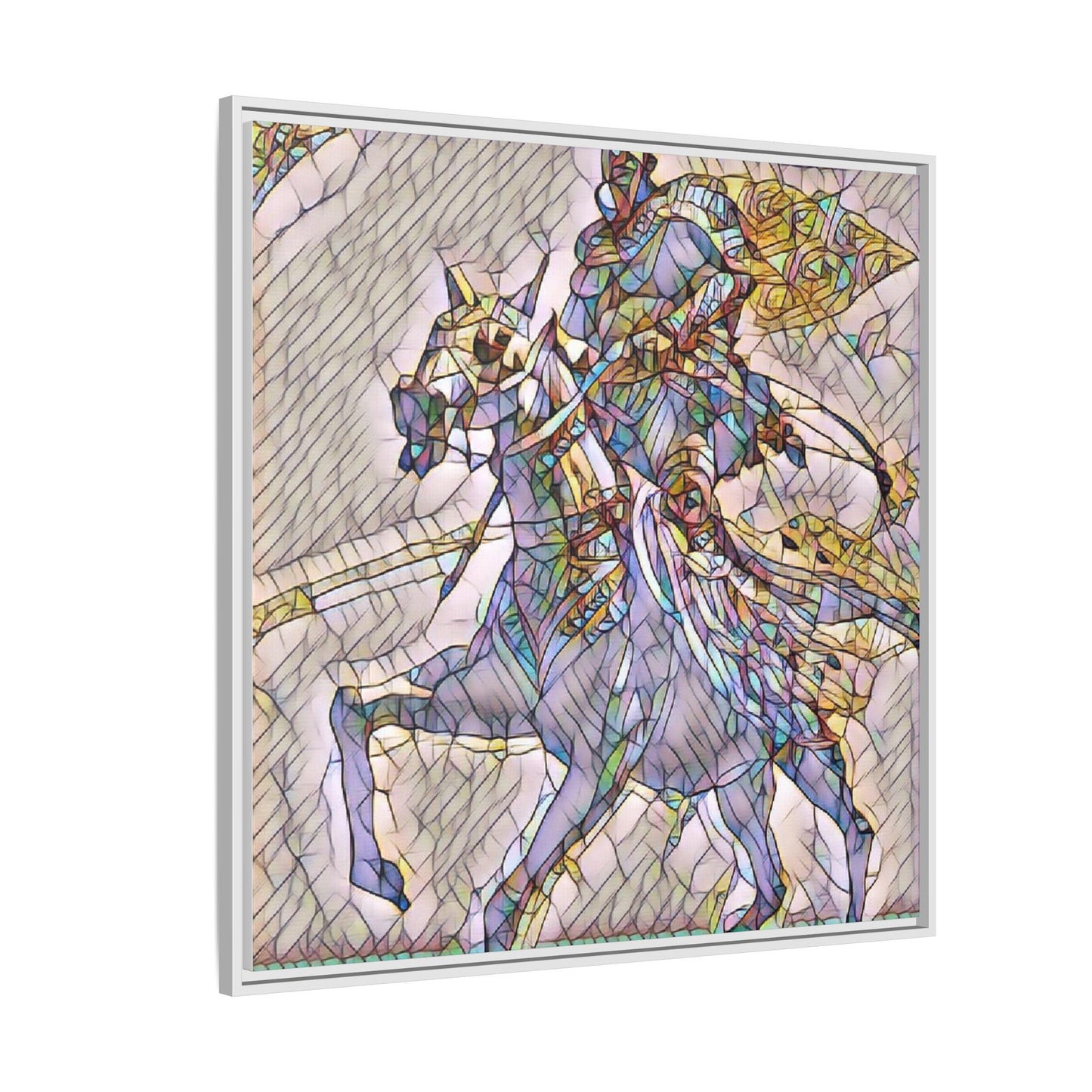 Framed Matte Canvas Art — Stained Glass Knight on Horse Fantasy Wall Decor