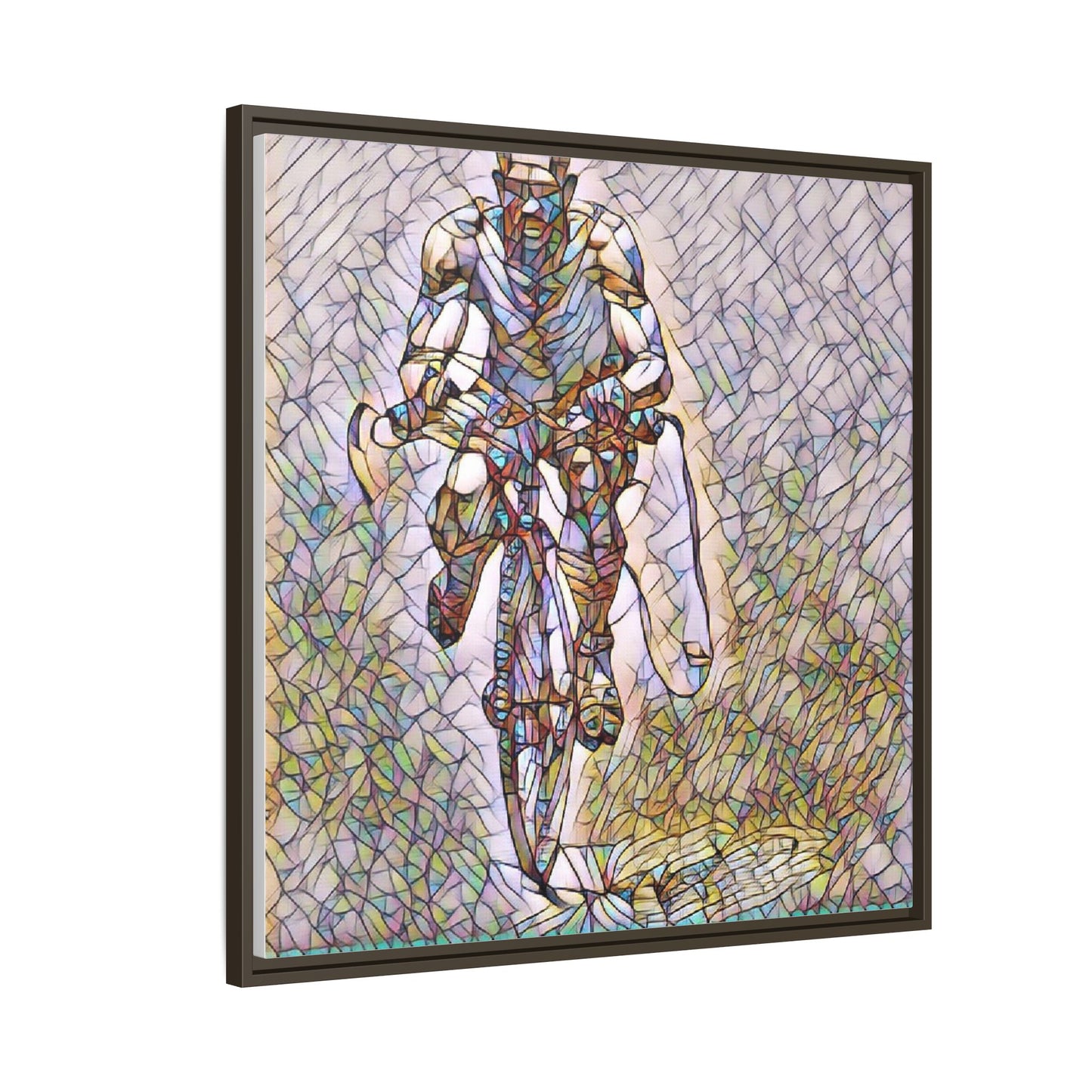 Cyclist Art Print — Framed Matte Canvas Wall Art (Multicolor Stained-Glass Style)