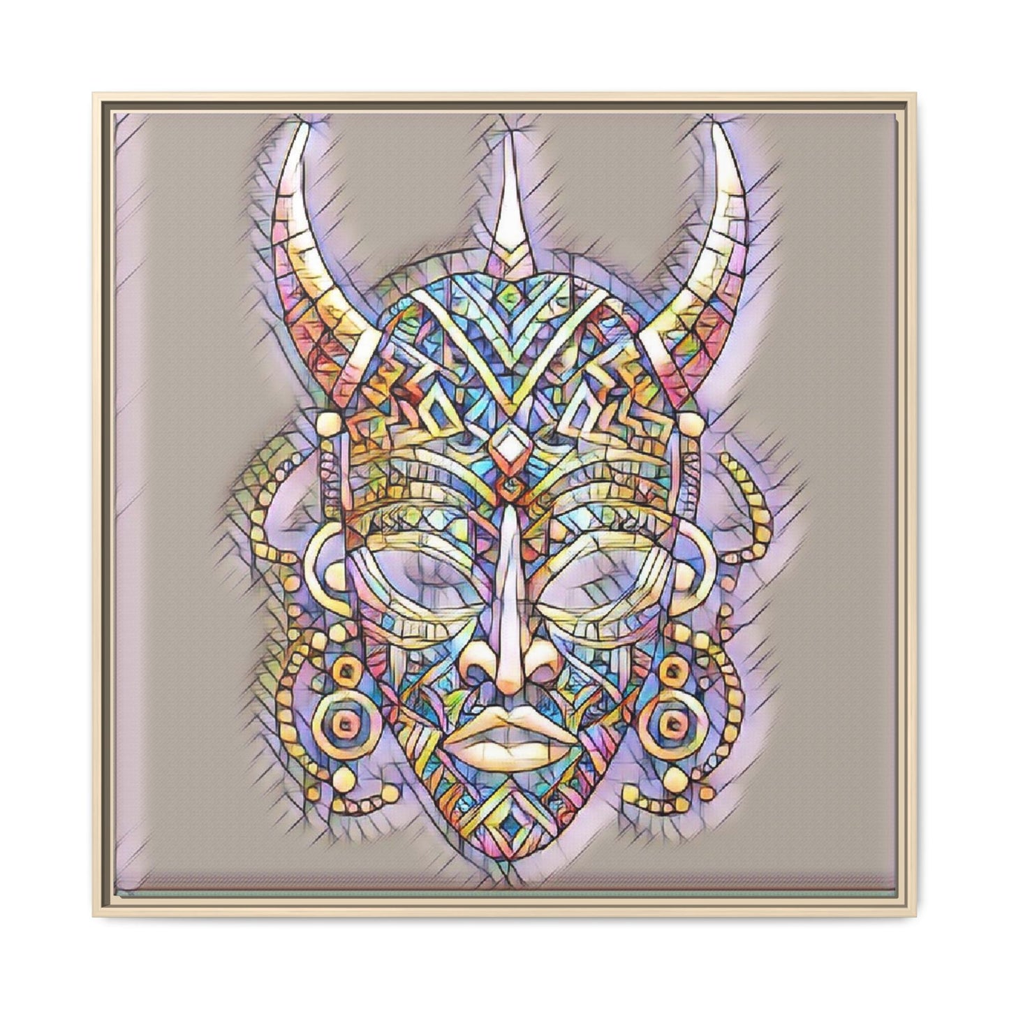Colorful Tribal Mask Framed Canvas Art — Abstract Ethnic Wall Decor
