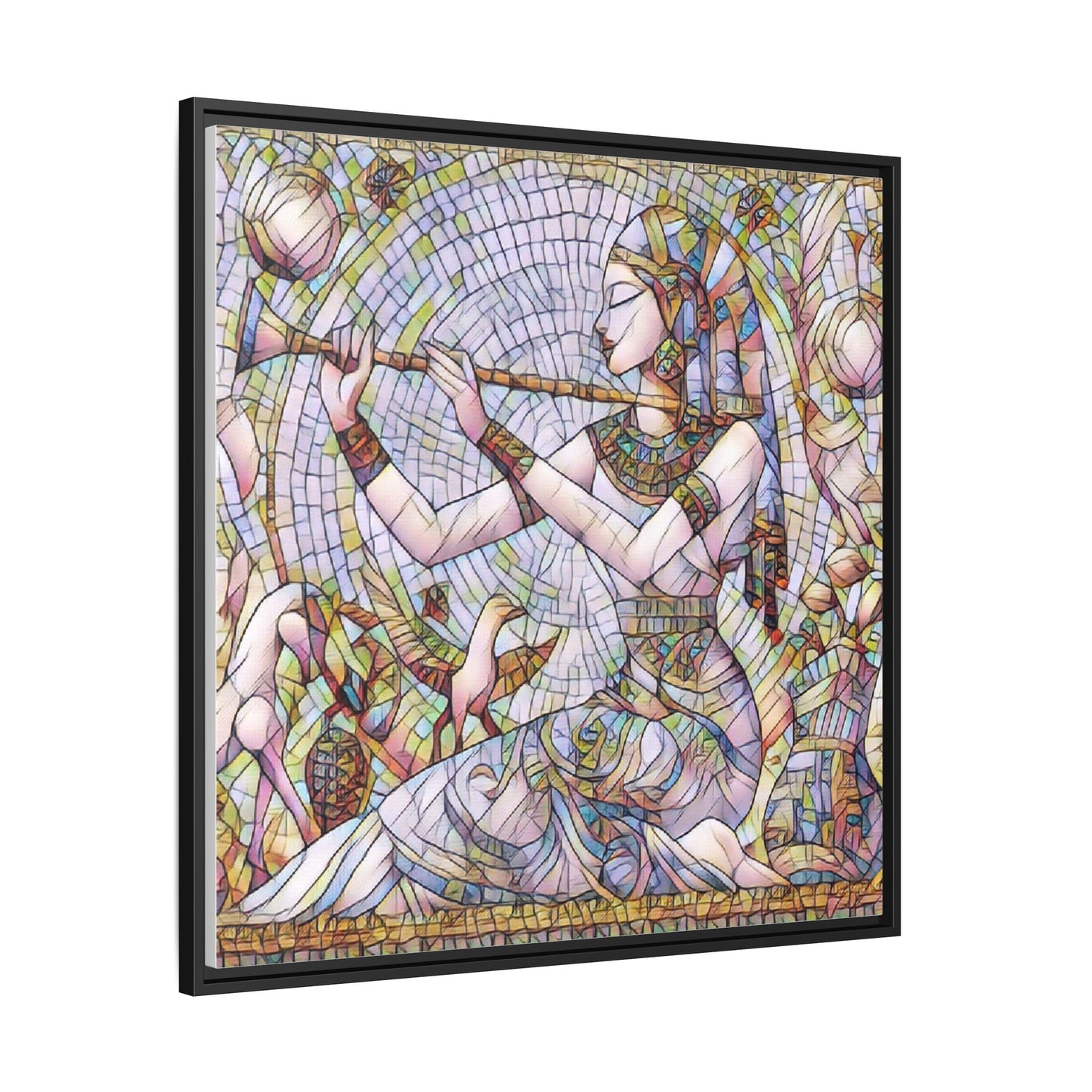 Egyptian Flute Player Framed Canvas Art — Colorful Mosaic Wall Decor