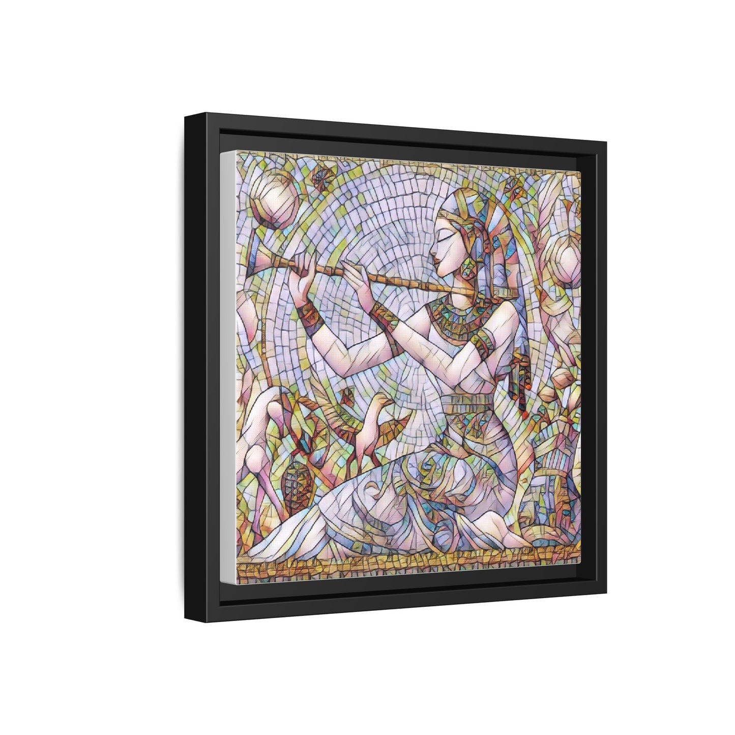Egyptian Flute Player Framed Canvas Art — Colorful Mosaic Wall Decor